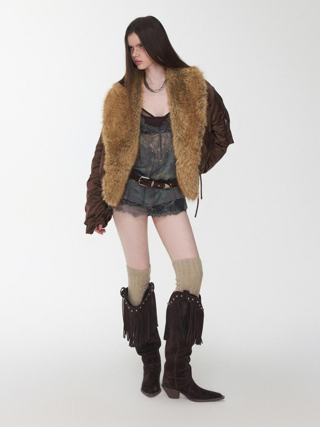 1JINN STUDIO Versatile Brown Utility Turn Down Collar Women Casual Outerwear Bomber Jackets