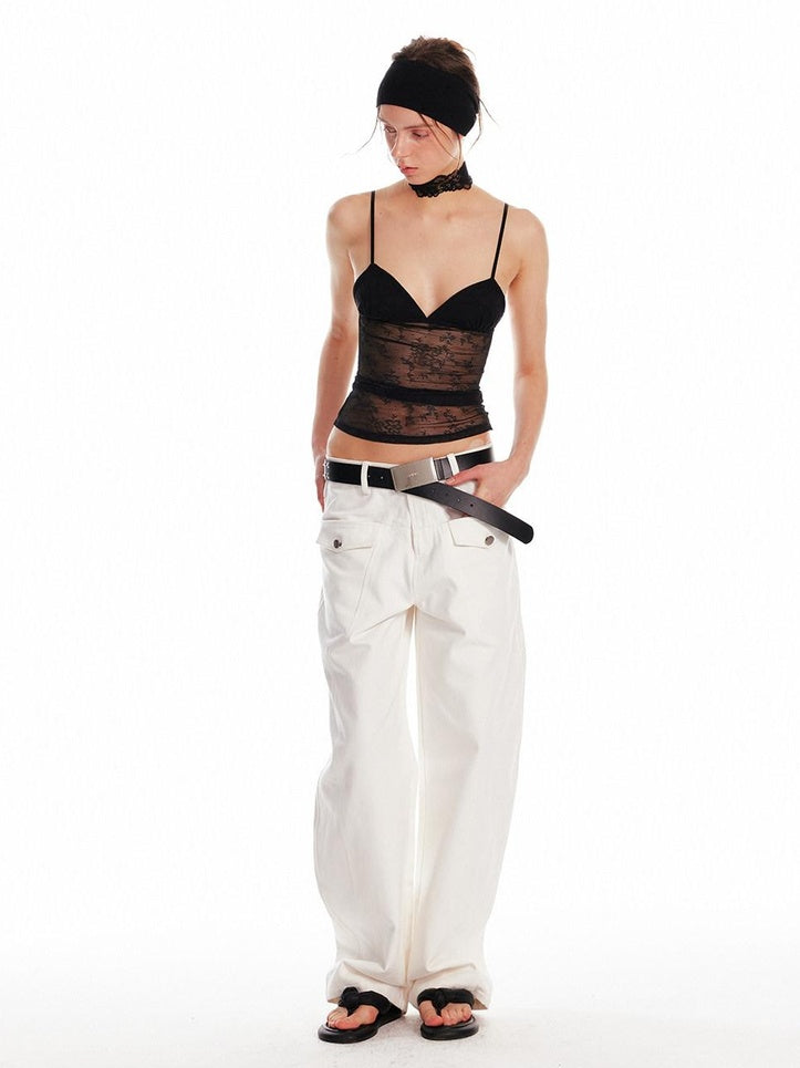 ALINNVSTUDIO Lace Slim Fit Spaghetti Strap Short Solid Color Women Camisoles