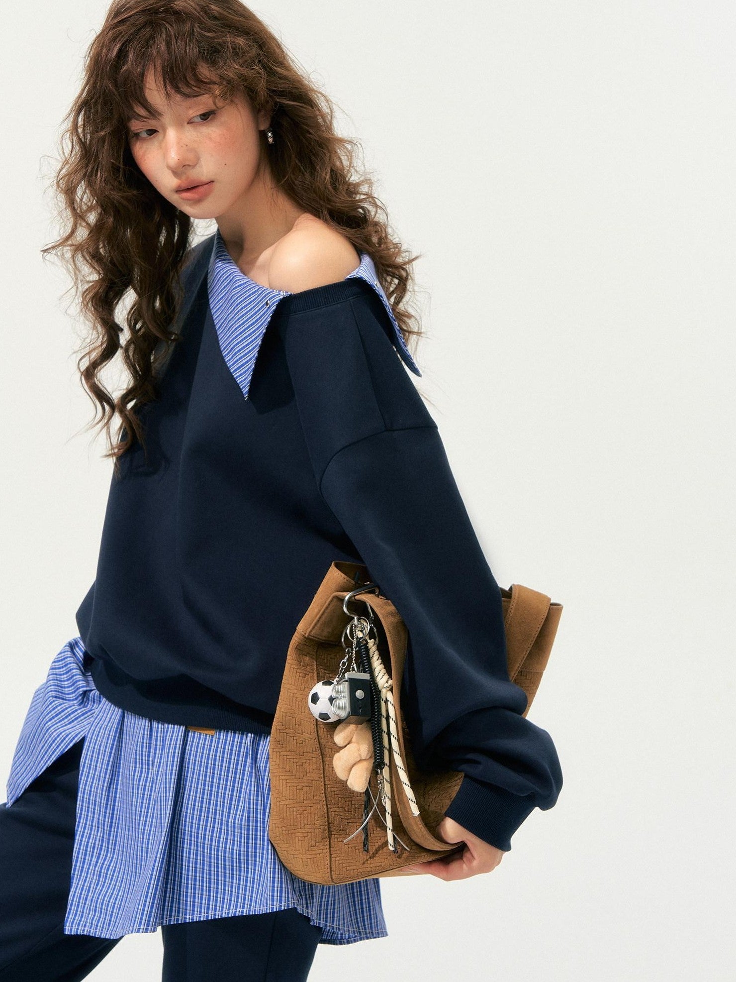 SOMESOWE Patchwork Cropped Oversized Collared Sweatshirt Heather Grey Top & Pants Sets