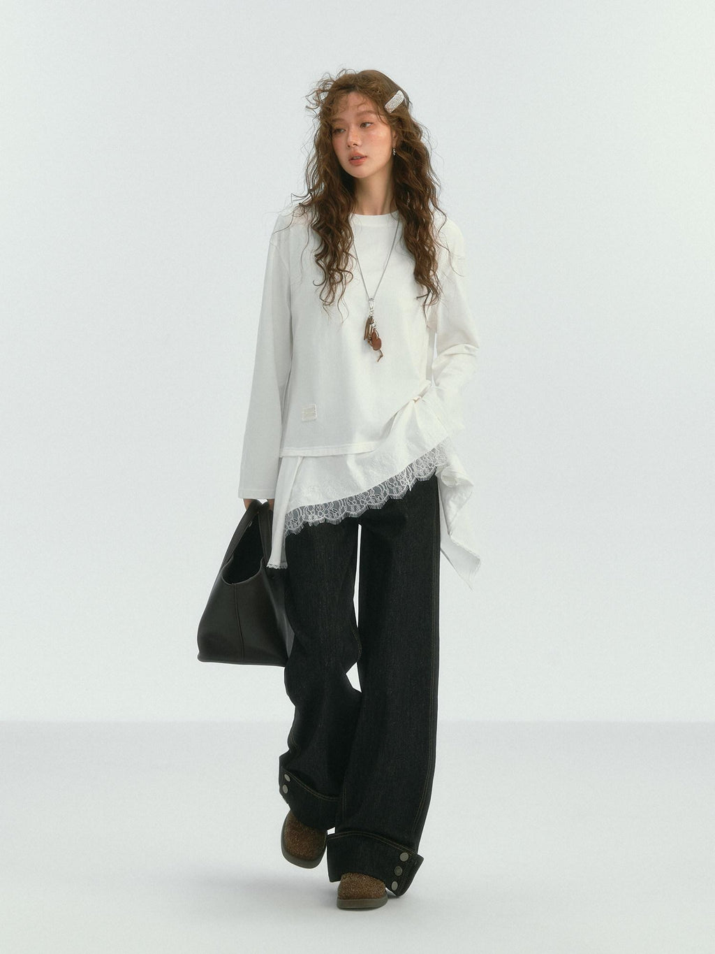SOMESOWE Pu Spliced Details Loose Fit Office Workwear Women White Long Sleeve T-Shirts