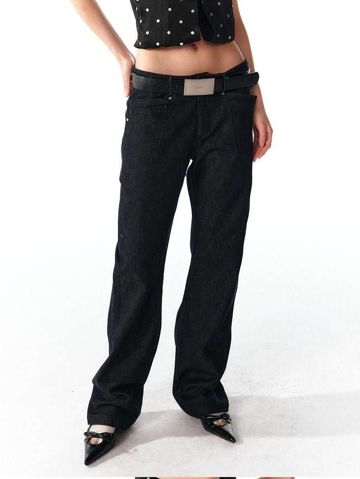 ALINNVSTUDIO Cotton Zip Fly Relaxed Fit Womens Dark Blue Light Blue Straight Leg Jeans