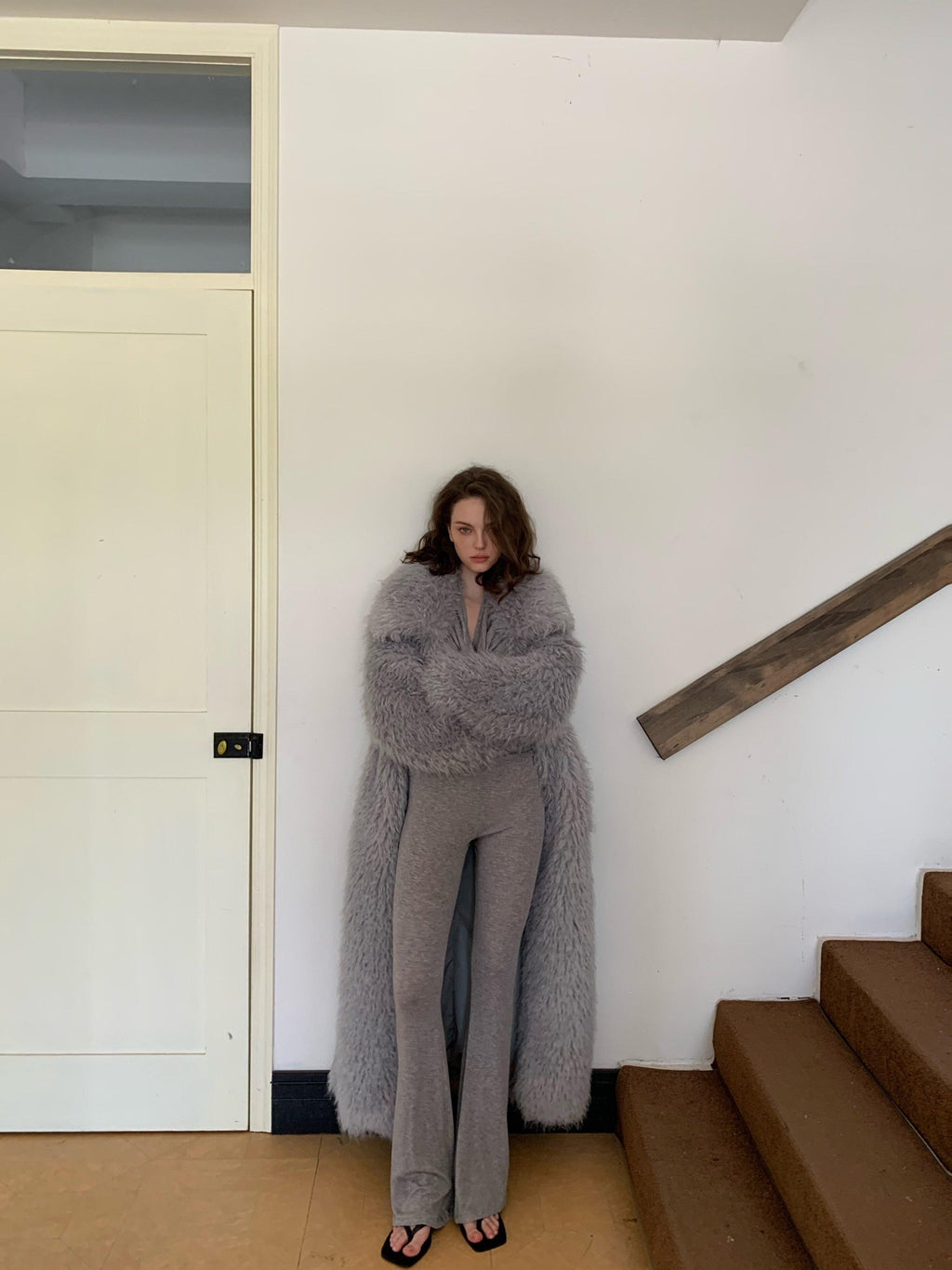 BUZHOU Luxurious Plush Fox Inspired Round Neck Longline Gray S M L Faux Fur Coats