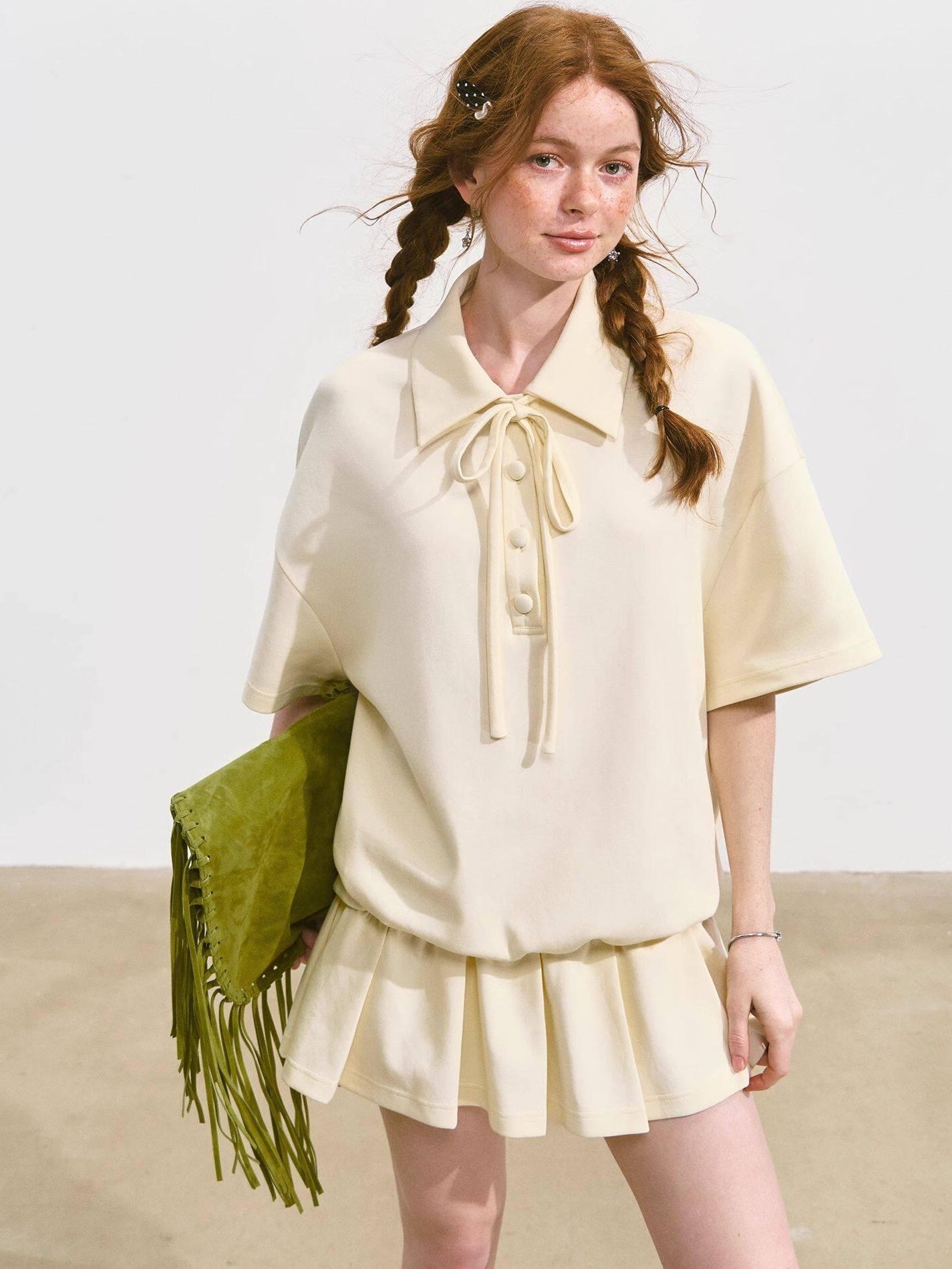 SOMESOWE Cotton Blend Minimal Tie A Line Tee Office Beige Mini Dresses