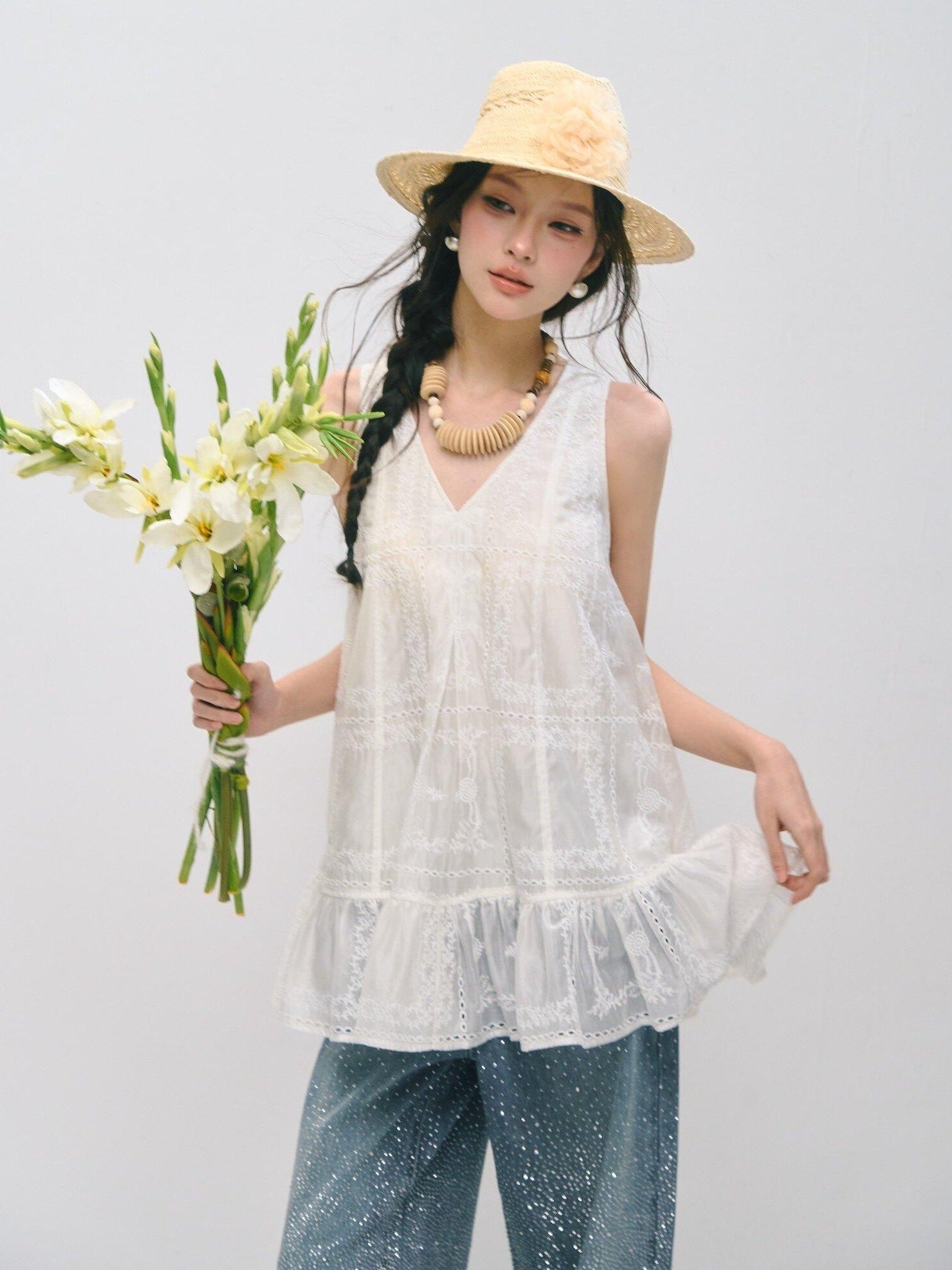 SOMESOWE Ruffled A Line Loose Fit Casual Round Neck Sleeveless Women Tank Tops