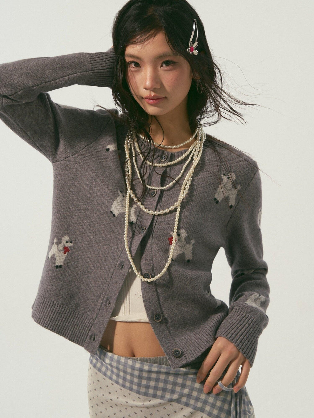 SOMESOWE Soft Acrylic Blend Animal Print Buttoned Crewneck Casual Women Grey Cardigans