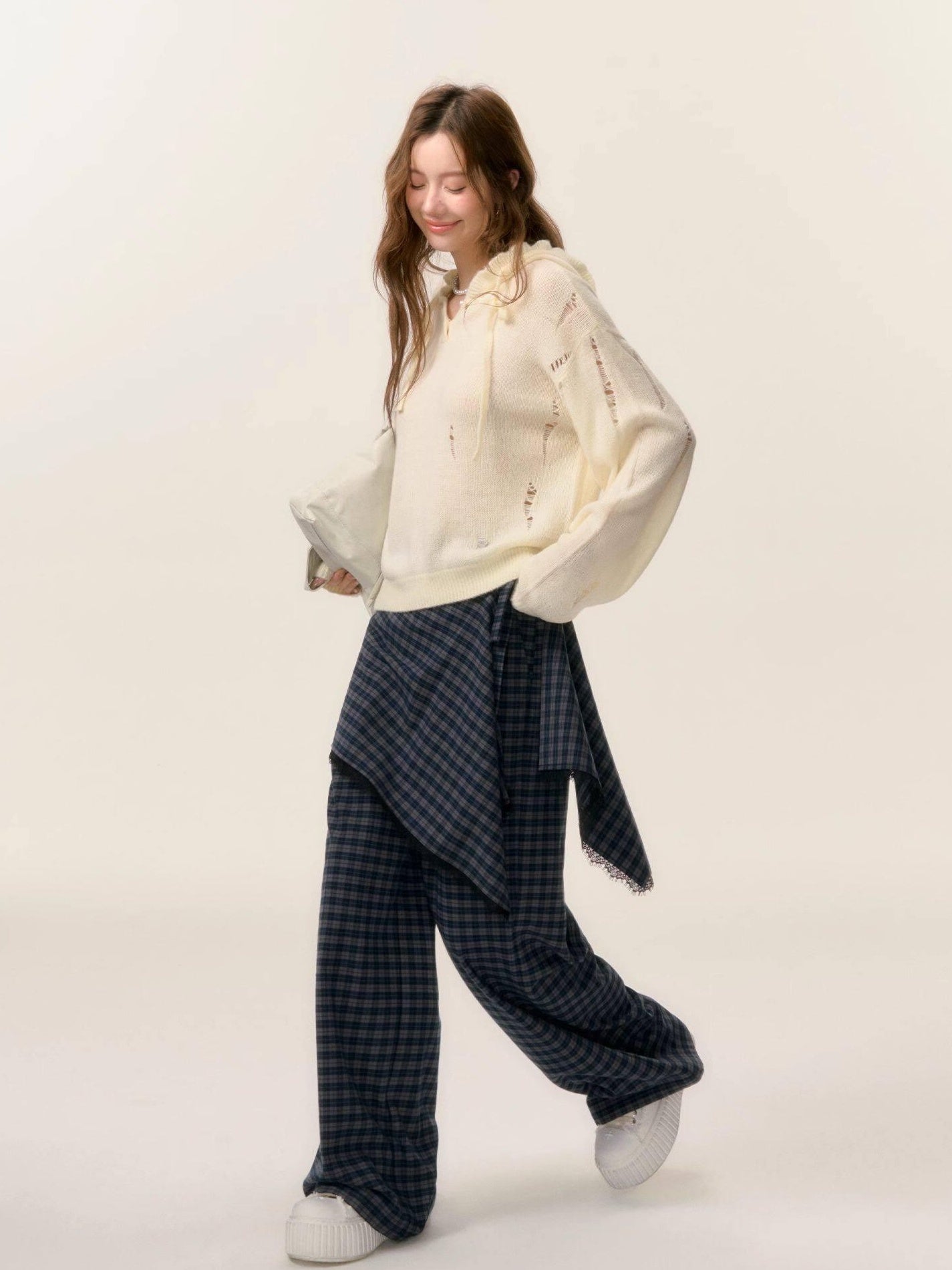 SOMESOWE Oversized Crochet Tie Street Loose Fit Women Grey Long Sleeve T-Shirts