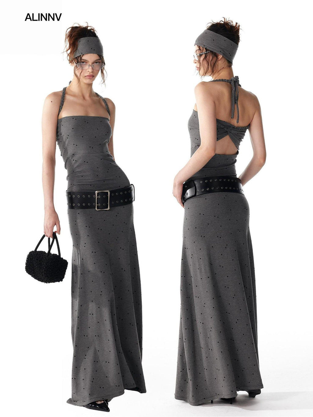 ALINNVSTUDIO Elegant Halter Neck Cinched Waist Modal Sleeveless Solid Black Grey Maxi Dresses