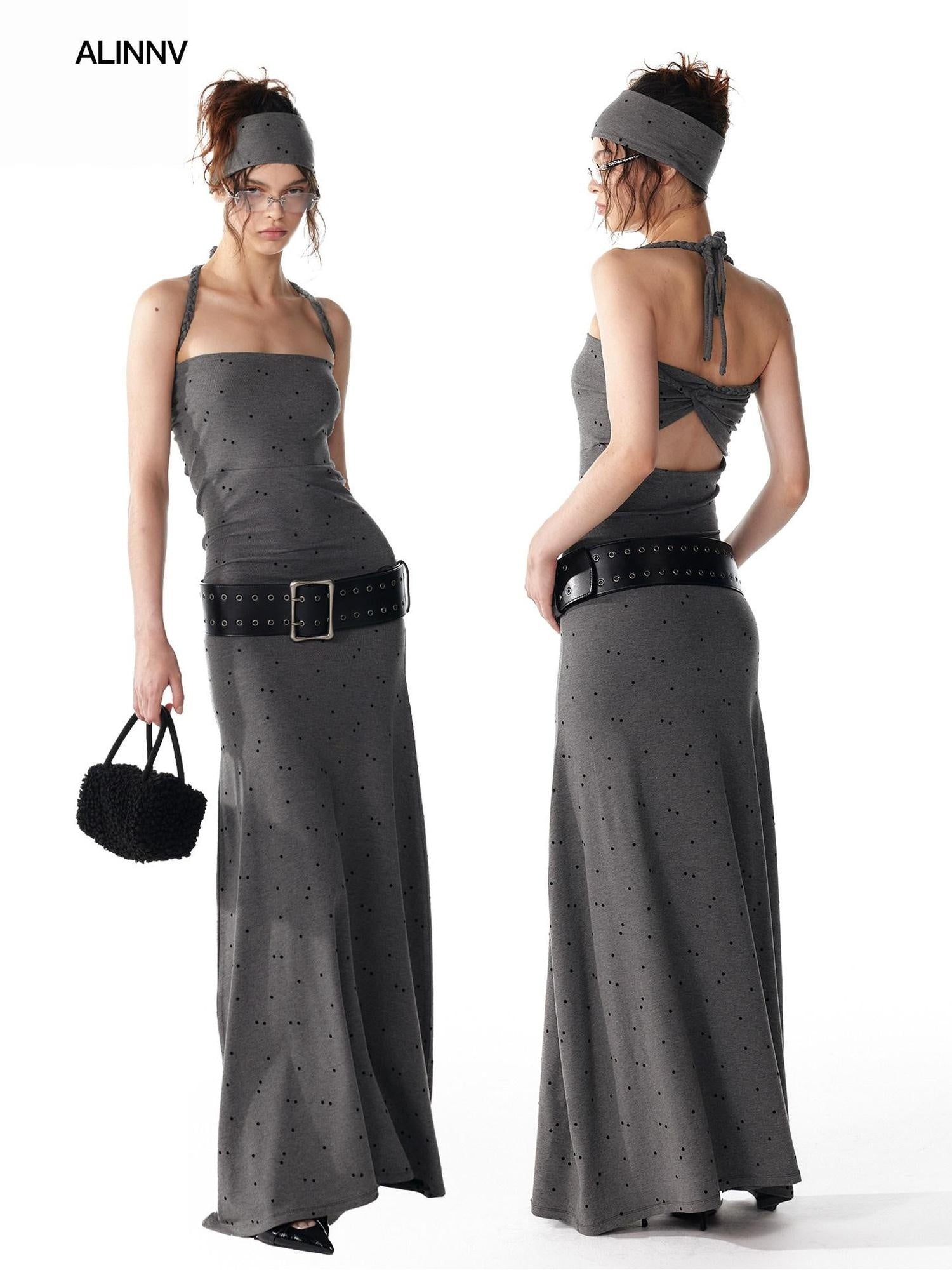 ALINNVSTUDIO Elegant Halter Neck Cinched Waist Modal Sleeveless Solid Black Grey Maxi Dresses