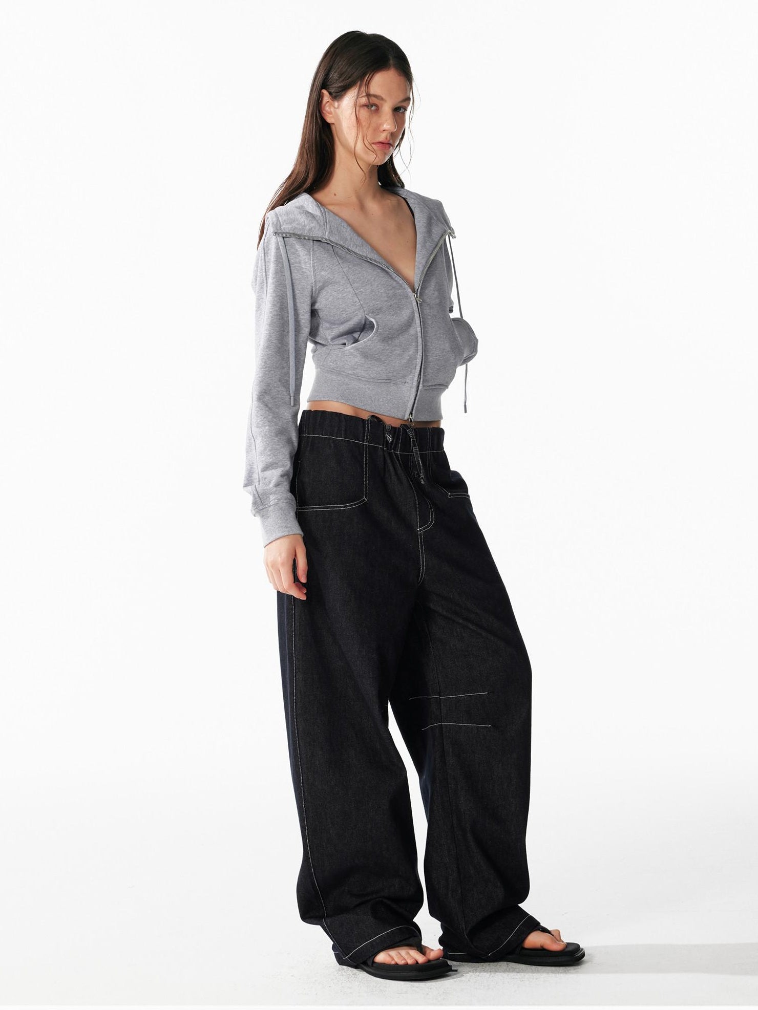 ALINNVSTUDIO Relaxed Fit Cotton Natural Waist Topstitch Deep Indigo Women Wide Leg Jeans