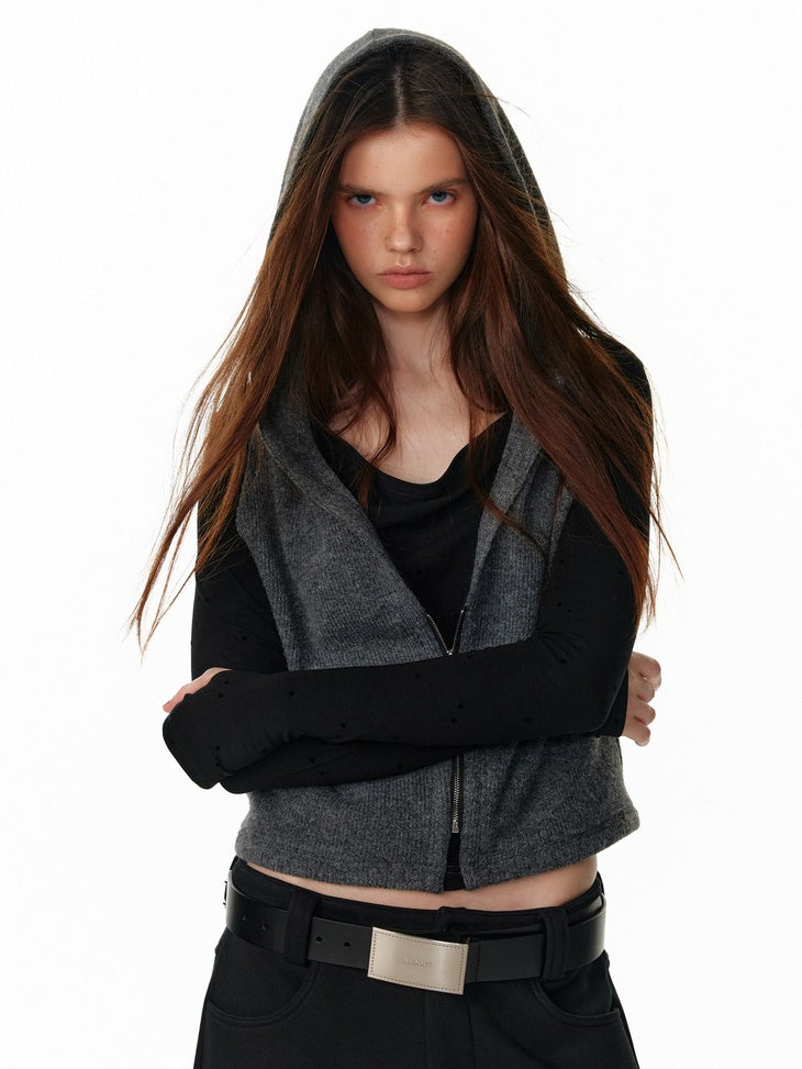 ALINNVSTUDIO Vintage Faux Layered Hooded Zip Knit Short Length Women Black Gray Cardigans