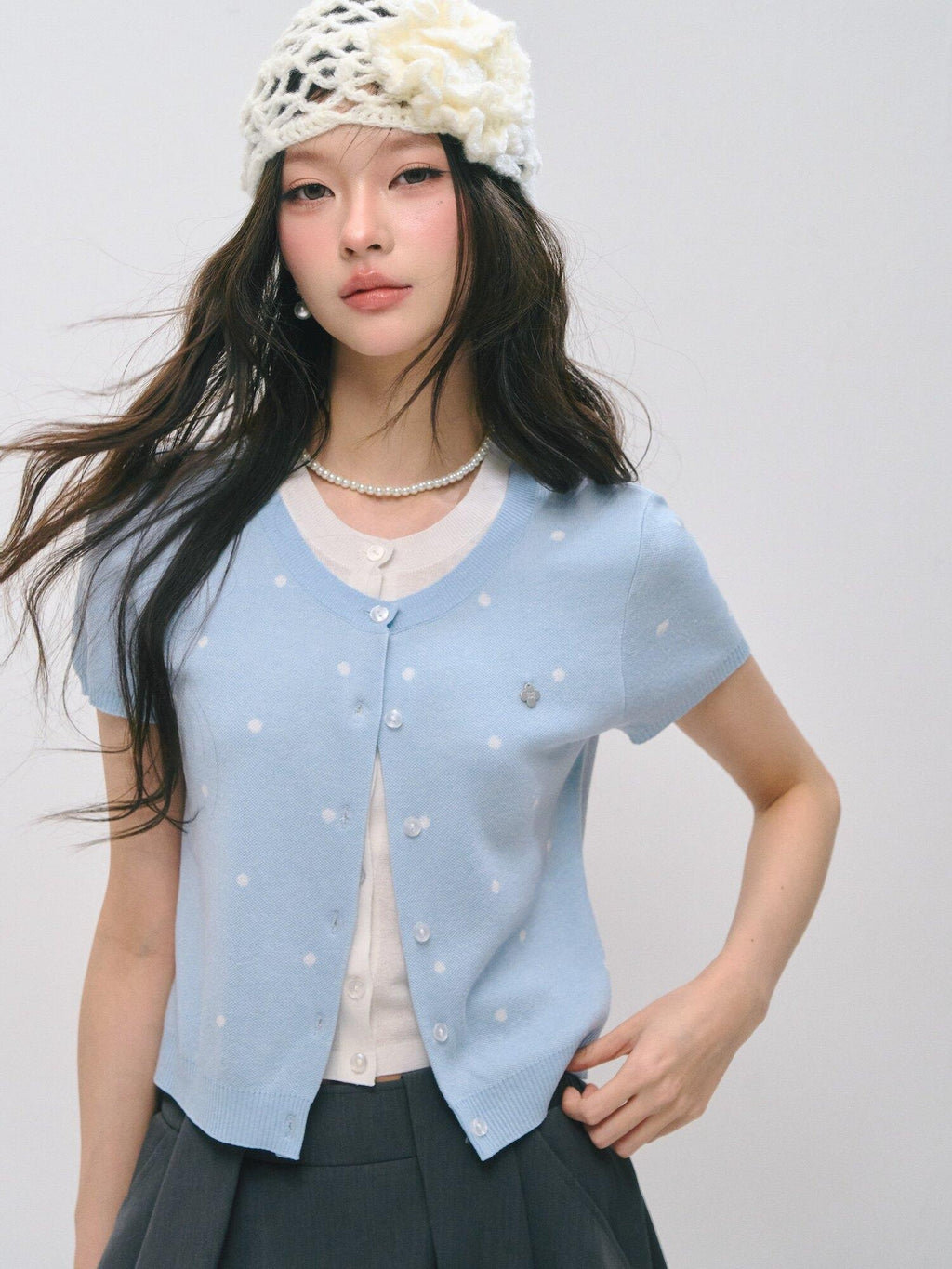 Polka Dot Knitted Casual Short Sleeve Two Piece Women T Shirt Basic Crop Tops