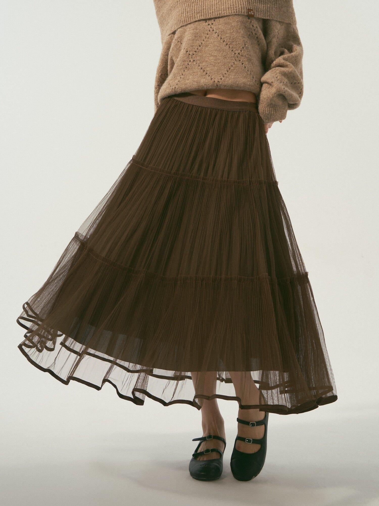 SOMESOWE Lined Pleated Ruffle Hem Casual Loose Fit Mid Waist Polyester Maxi Skirts
