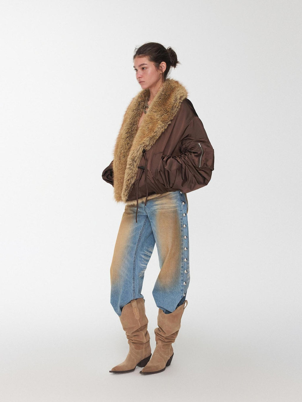 1JINN STUDIO Versatile Brown Utility Turn Down Collar Women Casual Outerwear Bomber Jackets