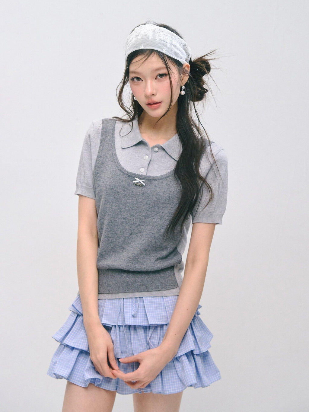 SOMESOWE Polka Dot Two Piece Casual Knit Short Sleeve Pullover Crew Neck Women Sweaters