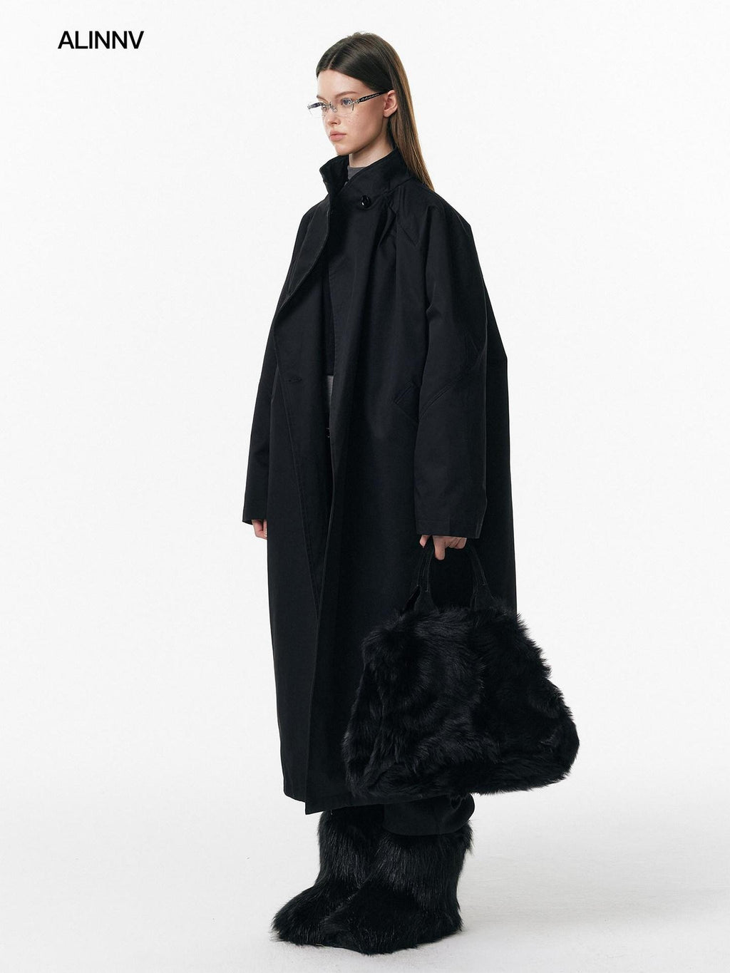 ALINNVSTUDIO 90% White Duck Down Long Stand Collar Single Breasted Women Black Down Jackets