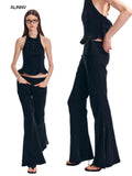 ALINNVSTUDIO Sleek Low Rise Straight To Flare Original Black Gray Flare Hem Flared Pants