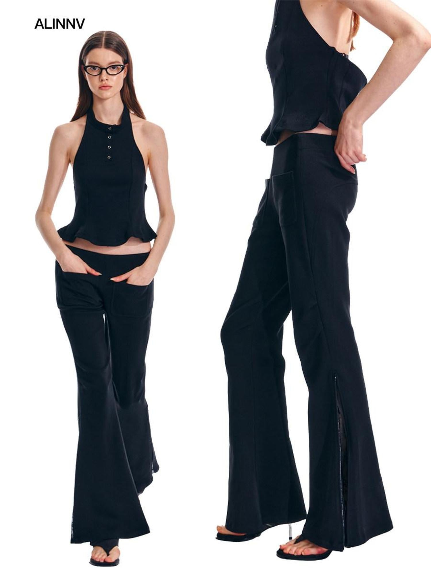 ALINNVSTUDIO Sleek Low Rise Straight To Flare Original Black Gray Flare Hem Flared Pants