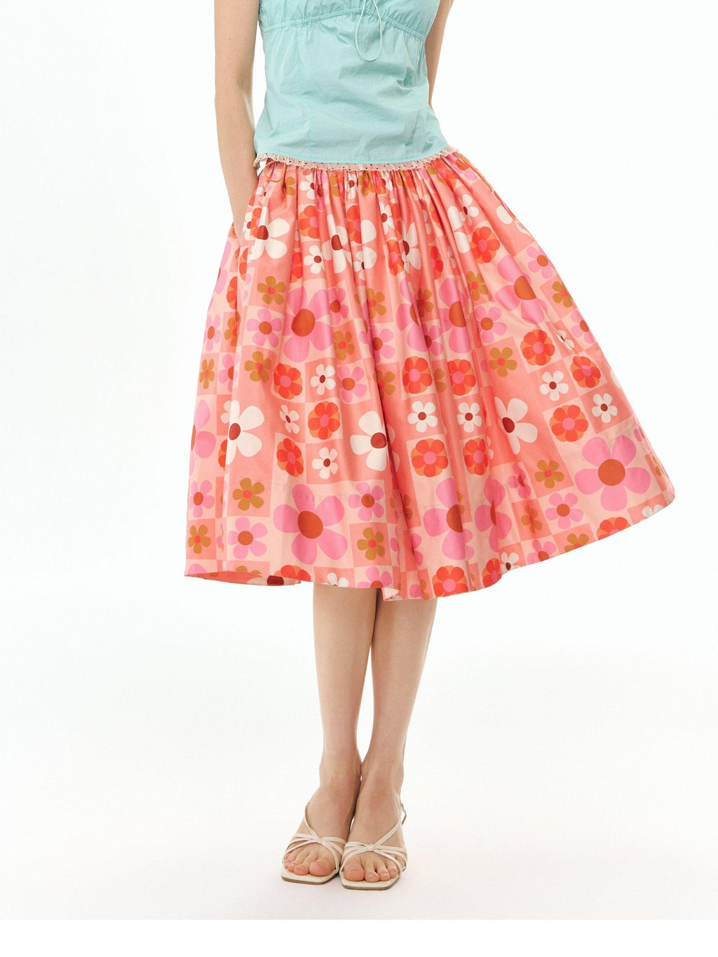 DeleteEx Flattering High Waist A Line Orange Red Floral Polyester Women Midi Skirts