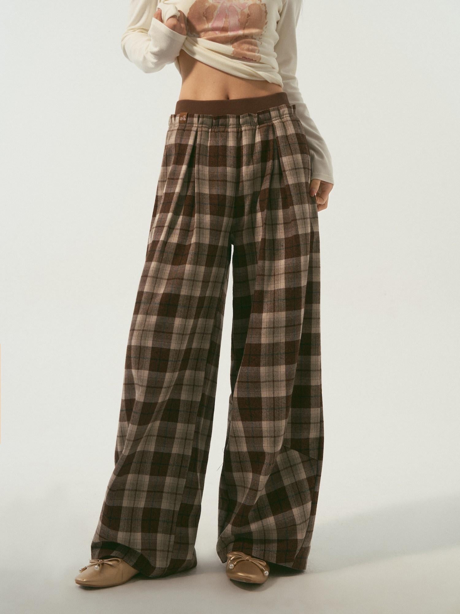 SOMESOWE Original Plaid Pocket Relaxed Curved Natural Waist Women Daily Grey Sweatpants
