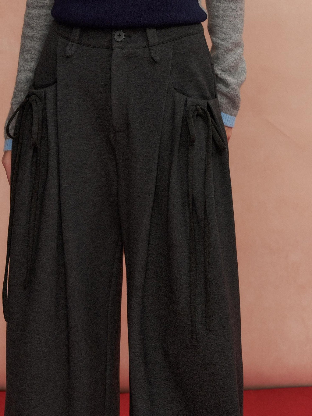 SOMESOWE Pleated Pockets Bow Print Natural Waist Casual Women Wide Leg Pants