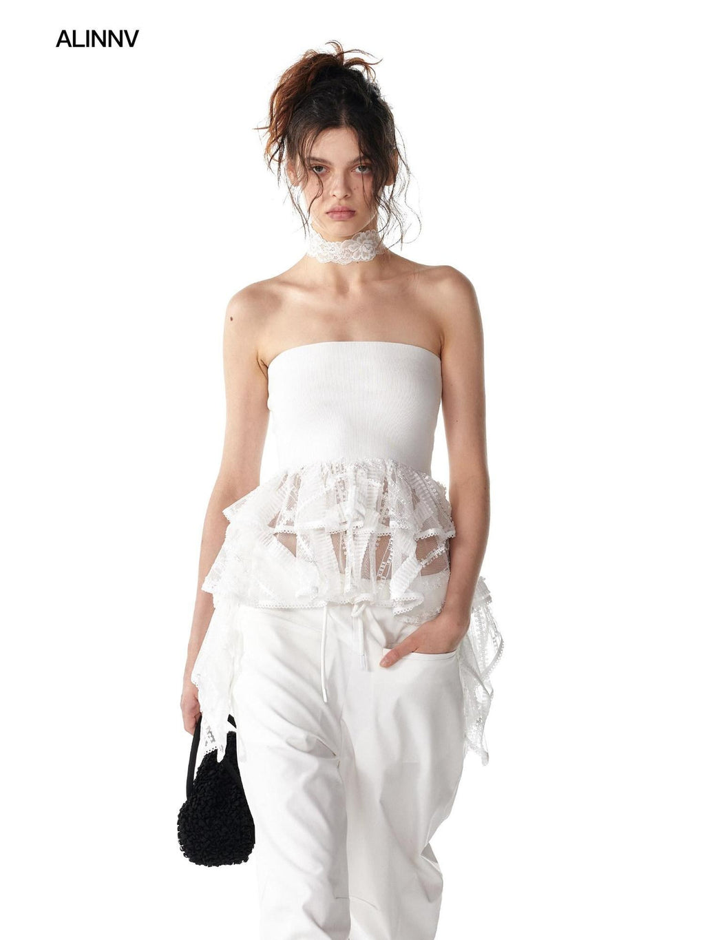 ALINNVSTUDIO Strappy Tie Detail Original Design Slim Fit Short Crop Black White Tube Tops