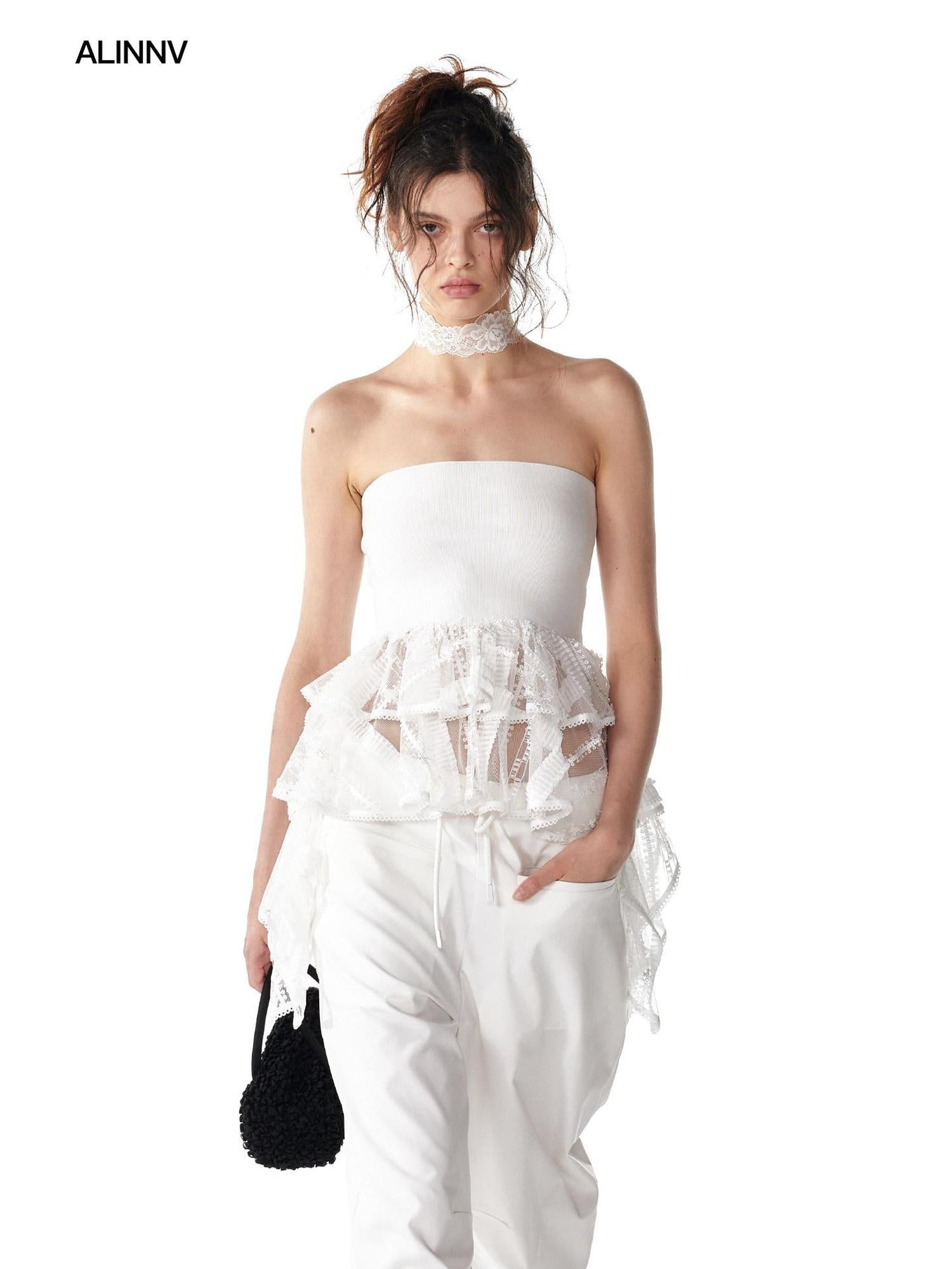 ALINNVSTUDIO Strappy Tie Detail Original Design Slim Fit Short Crop Black White Tube Tops