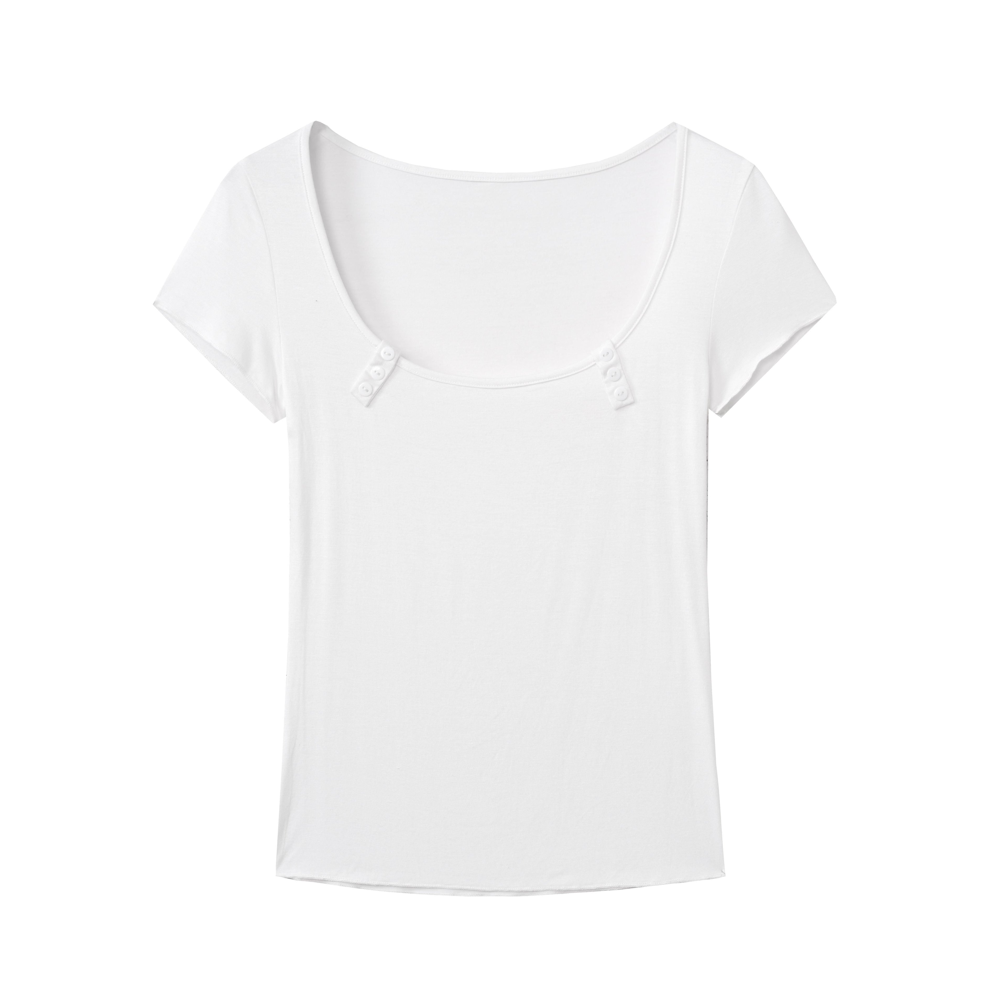 DeleteEx_Button_U_Neck_Casual_Regular_Fit_Women_Solid_Black_White_Short_Sleeve_T-Shirts_MISSTT