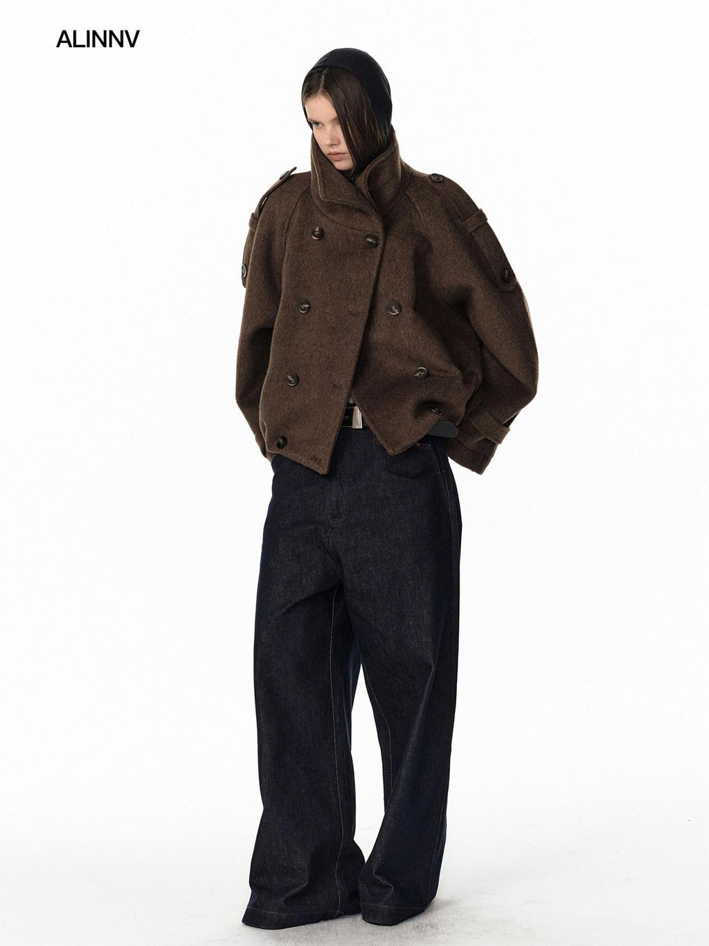 ALINNVSTUDIO Double Breasted Short Loose Lapel Commuter Women Thick Black Gray Wool Coats