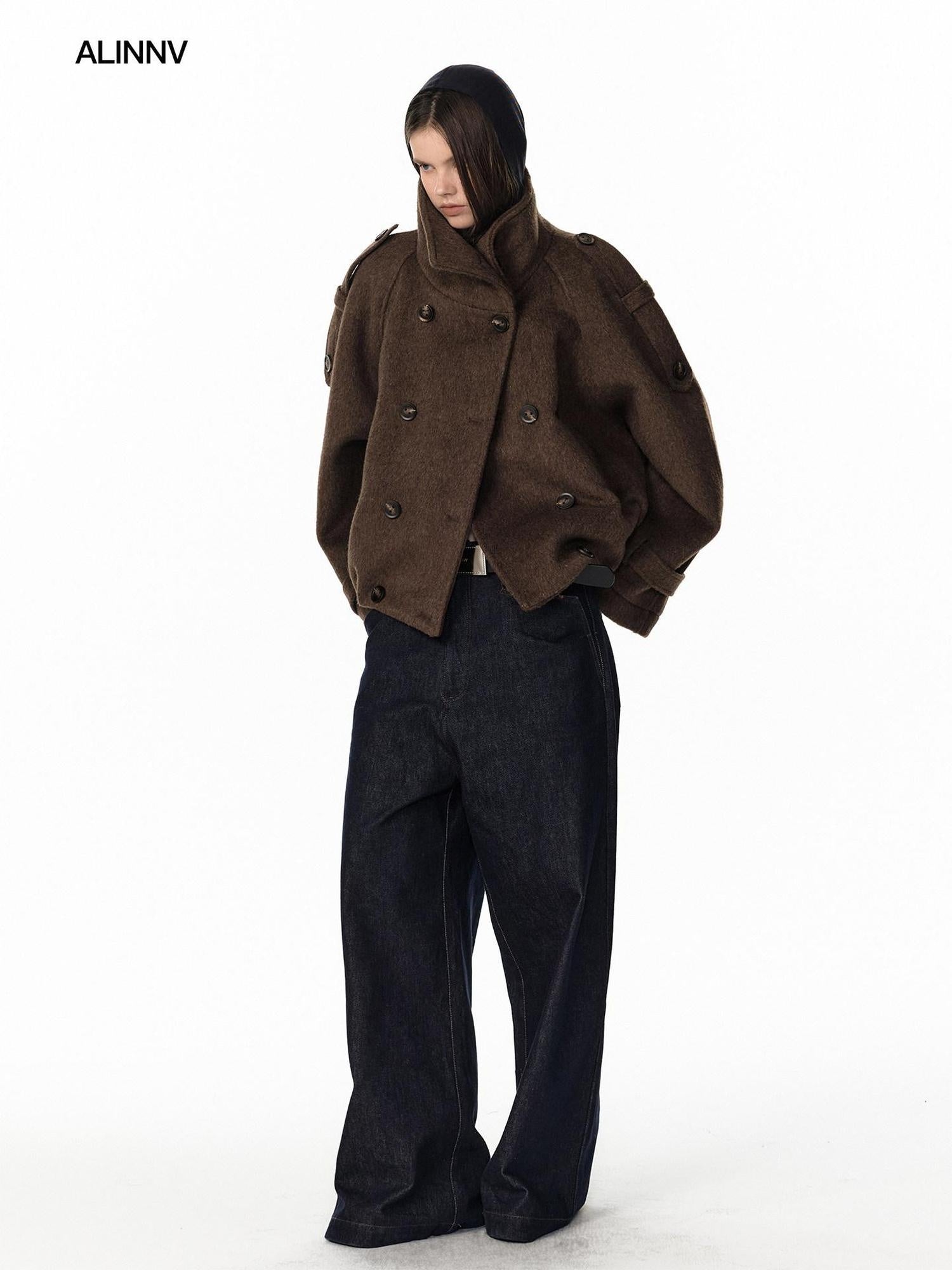 ALINNVSTUDIO Double Breasted Short Loose Lapel Commuter Women Thick Black Gray Wool Coats
