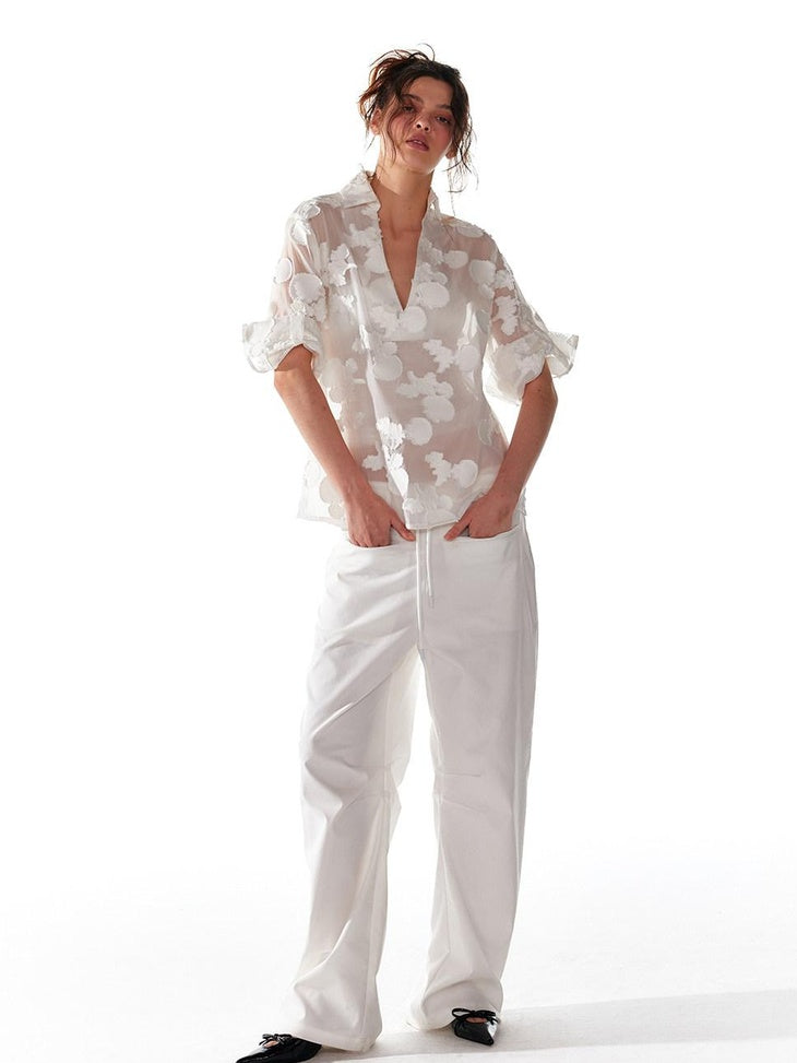 ALINNVSTUDIO Original Design Loose V-neck Short Sleeve Button Front Women Solid White Blouses