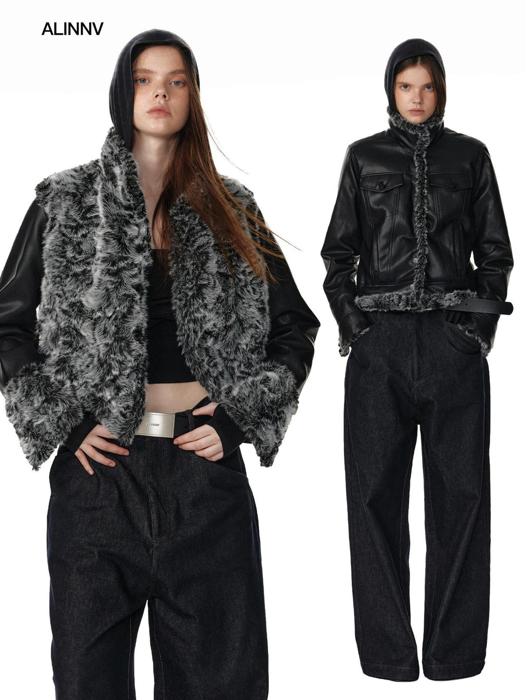 ALINNVSTUDIO Warm Reversible Retro Straight Short Zip Stand Collar Women Leather Jackets