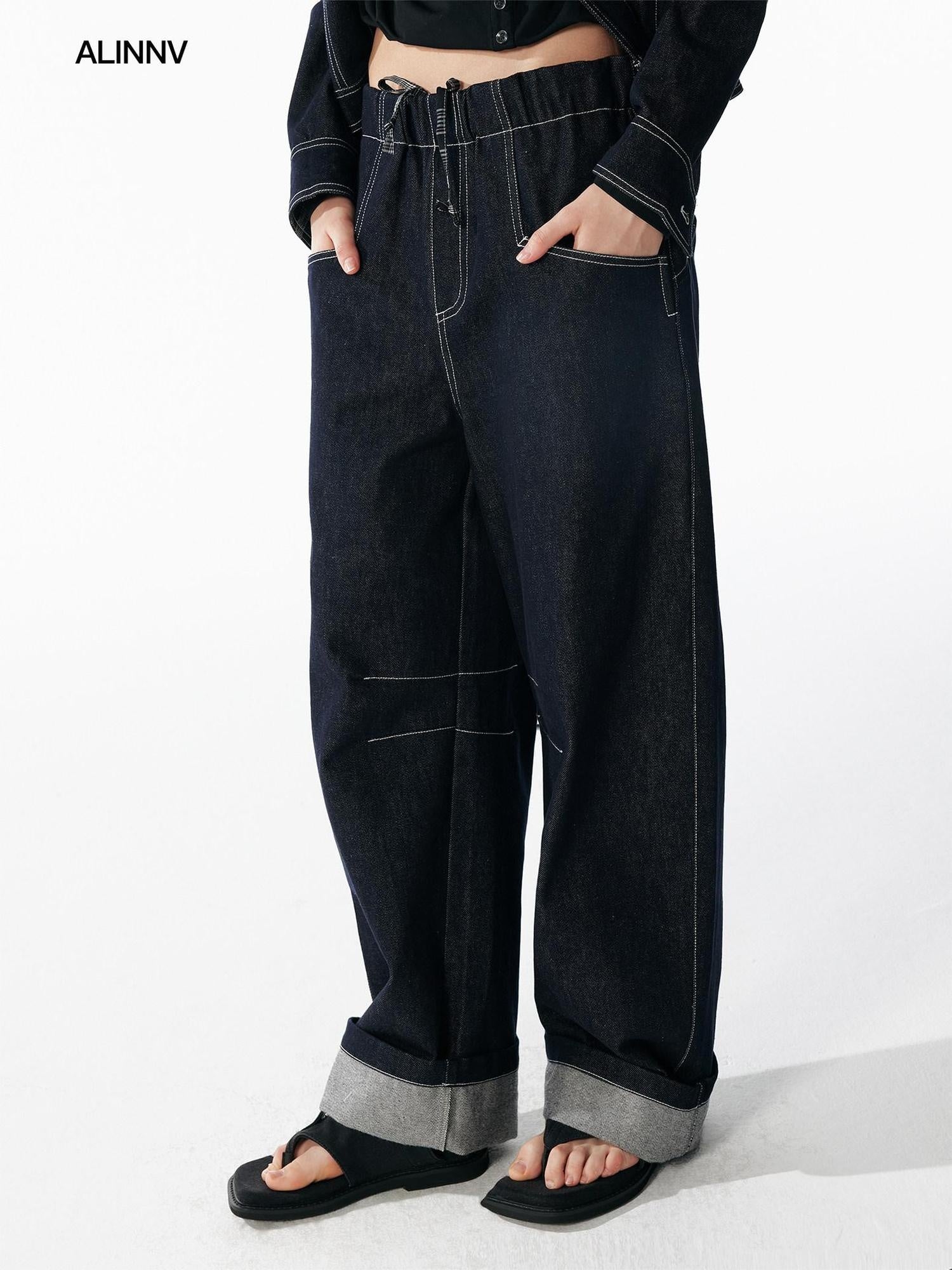 ALINNVSTUDIO Relaxed Fit Cotton Natural Waist Topstitch Deep Indigo Women Wide Leg Jeans