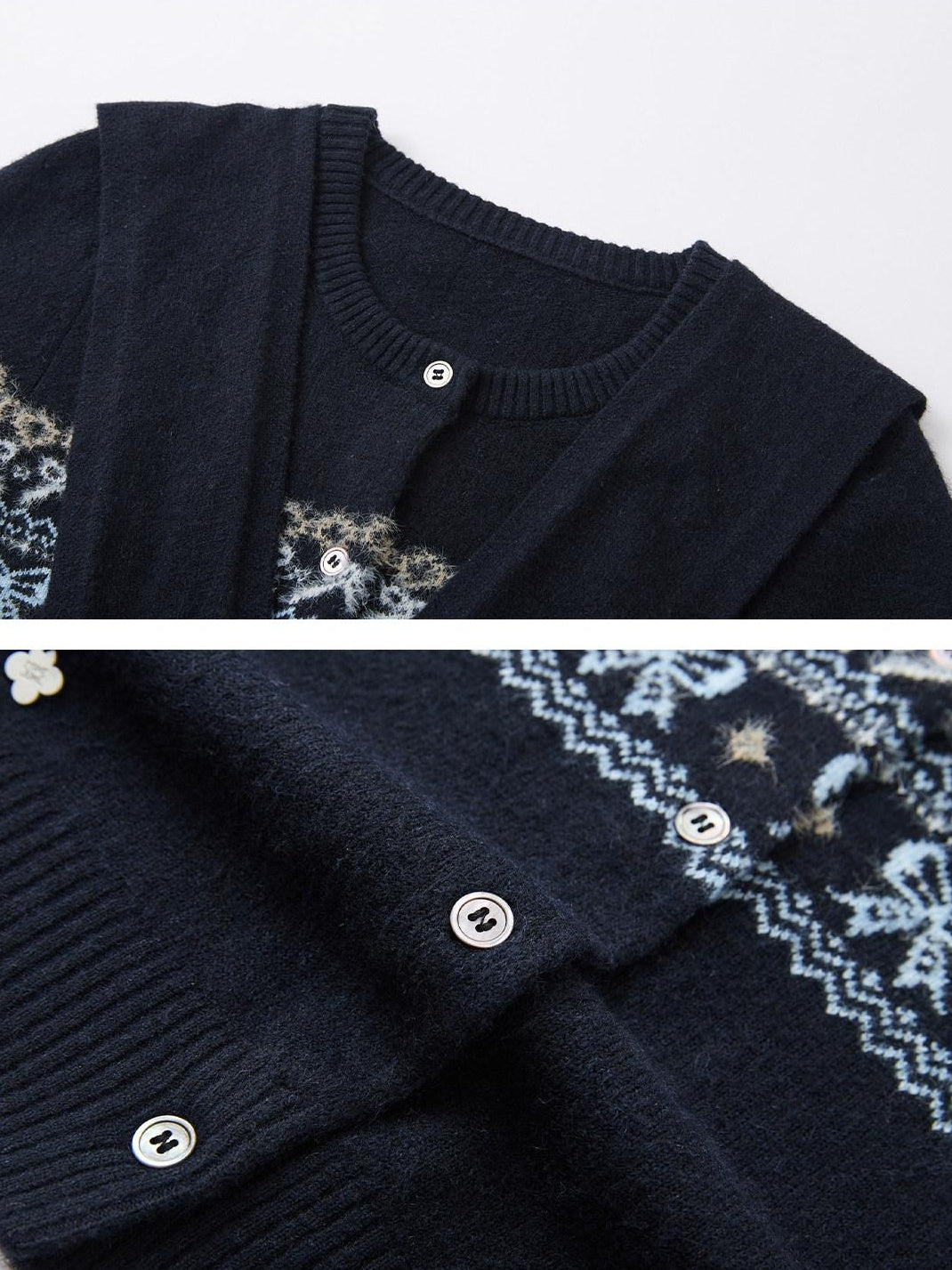SOMESOWE Minimal Commuter V-neck Button Bow Detail Layered Look Women Navy Knit Cardigans