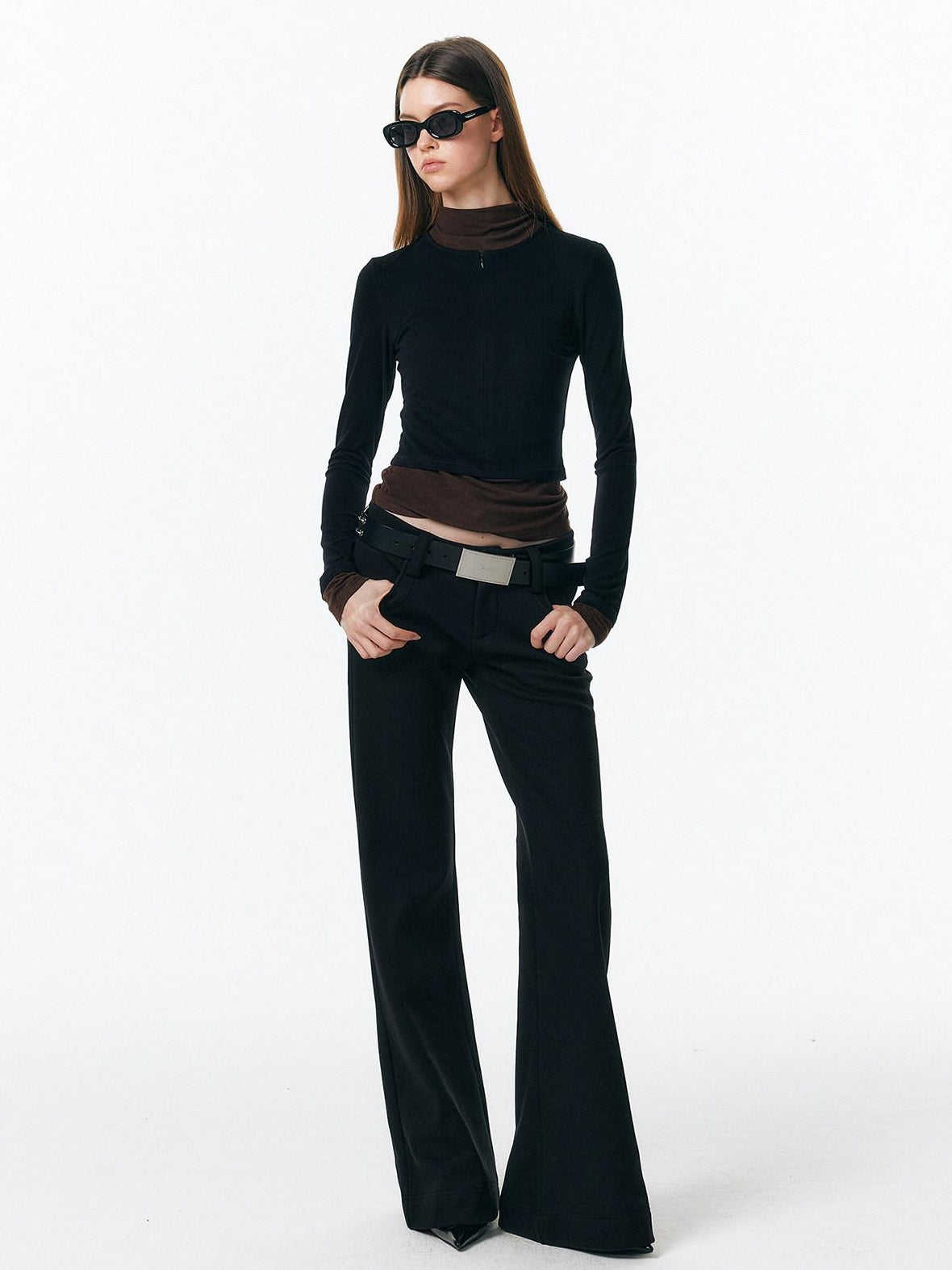 ALINNVSTUDIO Soft Zipper Slim Fit Short Collar Office Ladies Contrast Long Sleeve T-Shirts