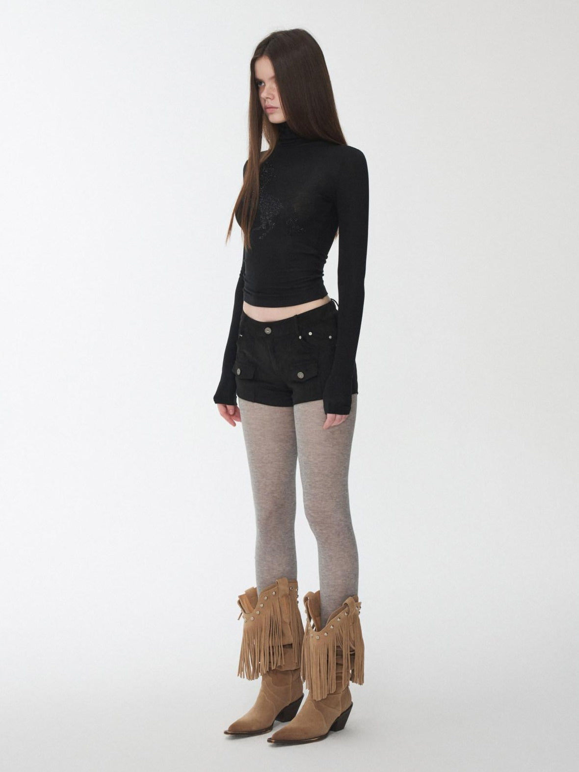 1JINN STUDIO Lyocell Wool Blend Turtleneck Long Sleeve Slim Fit Casual Women Mini Dresses