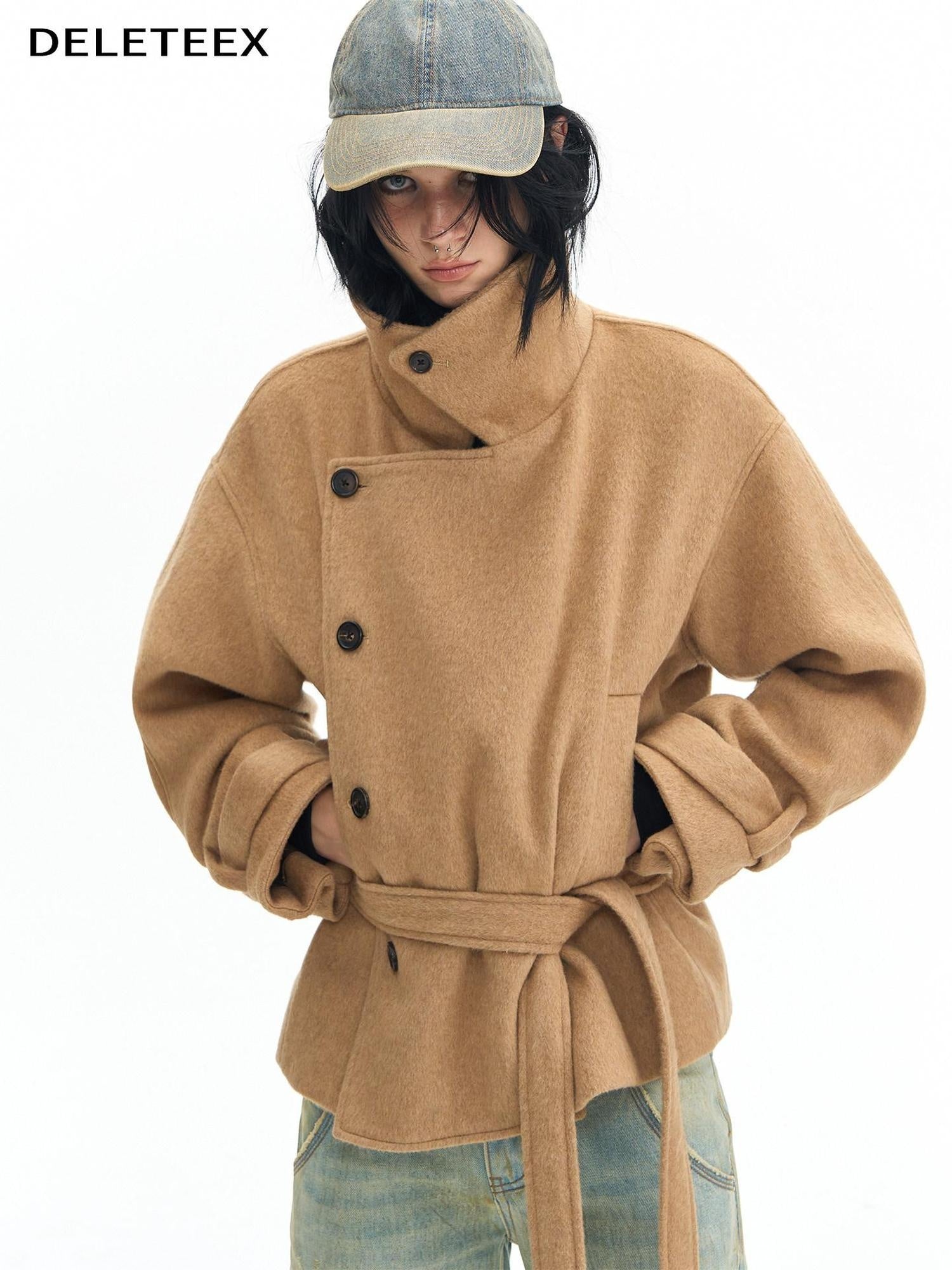 DeleteEx Thick Half Wool Blend American Cropped Lapel Young Women Khaki Wool Coats