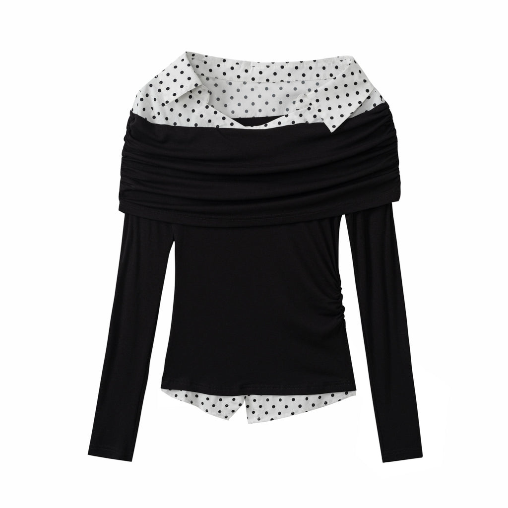 DeleteEx_Polka_Dot_Ruched_Backless_One_Shoulder_Slim_Casual_Women_Long_Sleeve_T-Shirts_MISSTT