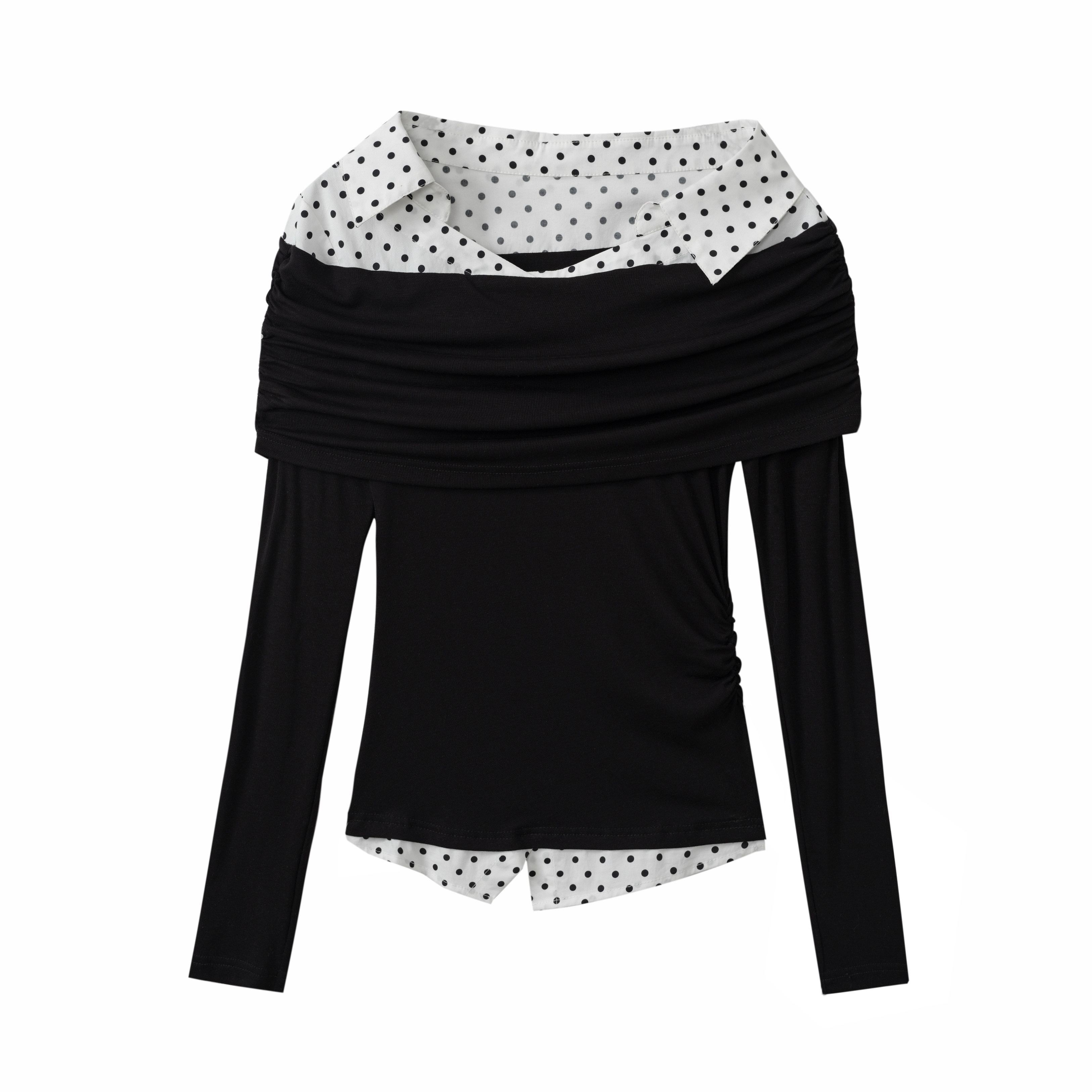 DeleteEx_Polka_Dot_Ruched_Backless_One_Shoulder_Slim_Casual_Women_Long_Sleeve_T-Shirts_MISSTT