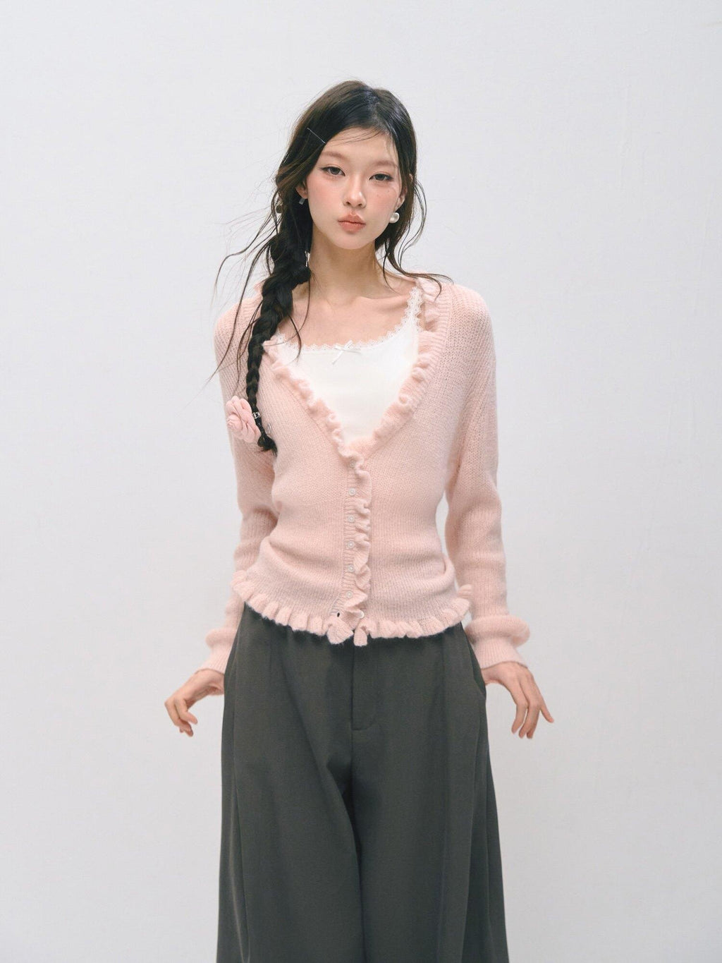 SOMESOWE Soft Acrylic Blend Casual Regular Fit Crewneck Buttoned Women Pink Cardigans