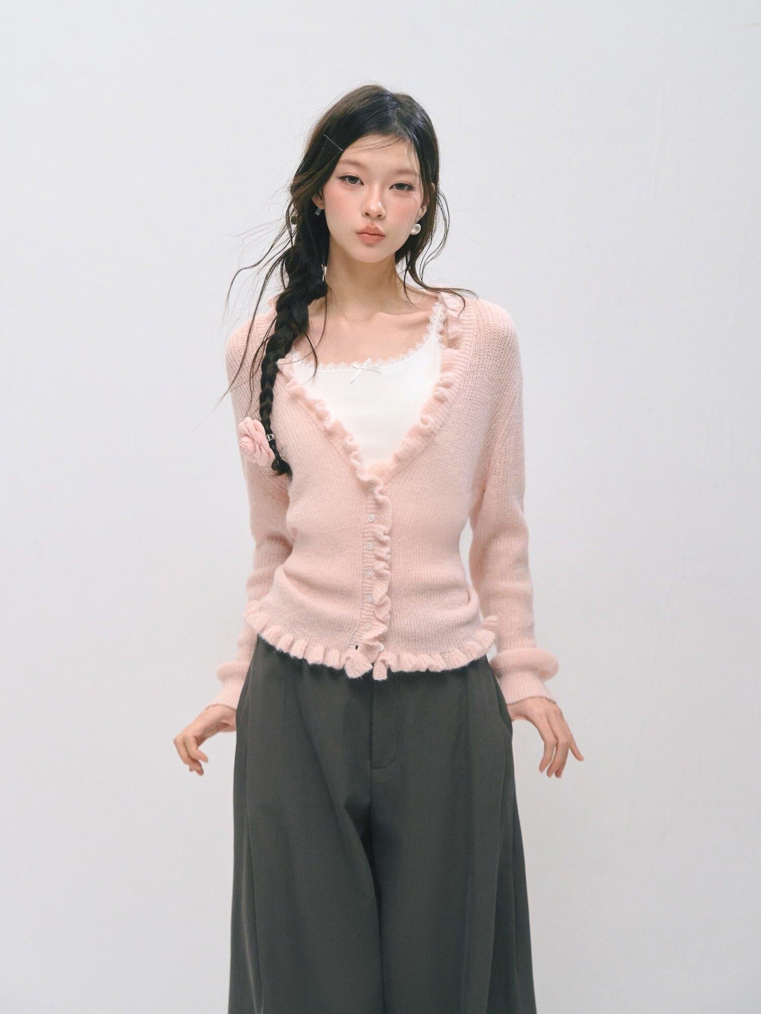 SOMESOWE Soft Acrylic Blend Casual Regular Fit Crewneck Buttoned Women Pink Cardigans