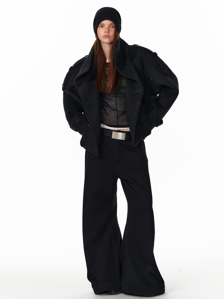 ALINNVSTUDIO Double Breasted Short Loose Lapel Commuter Women Thick Black Gray Wool Coats