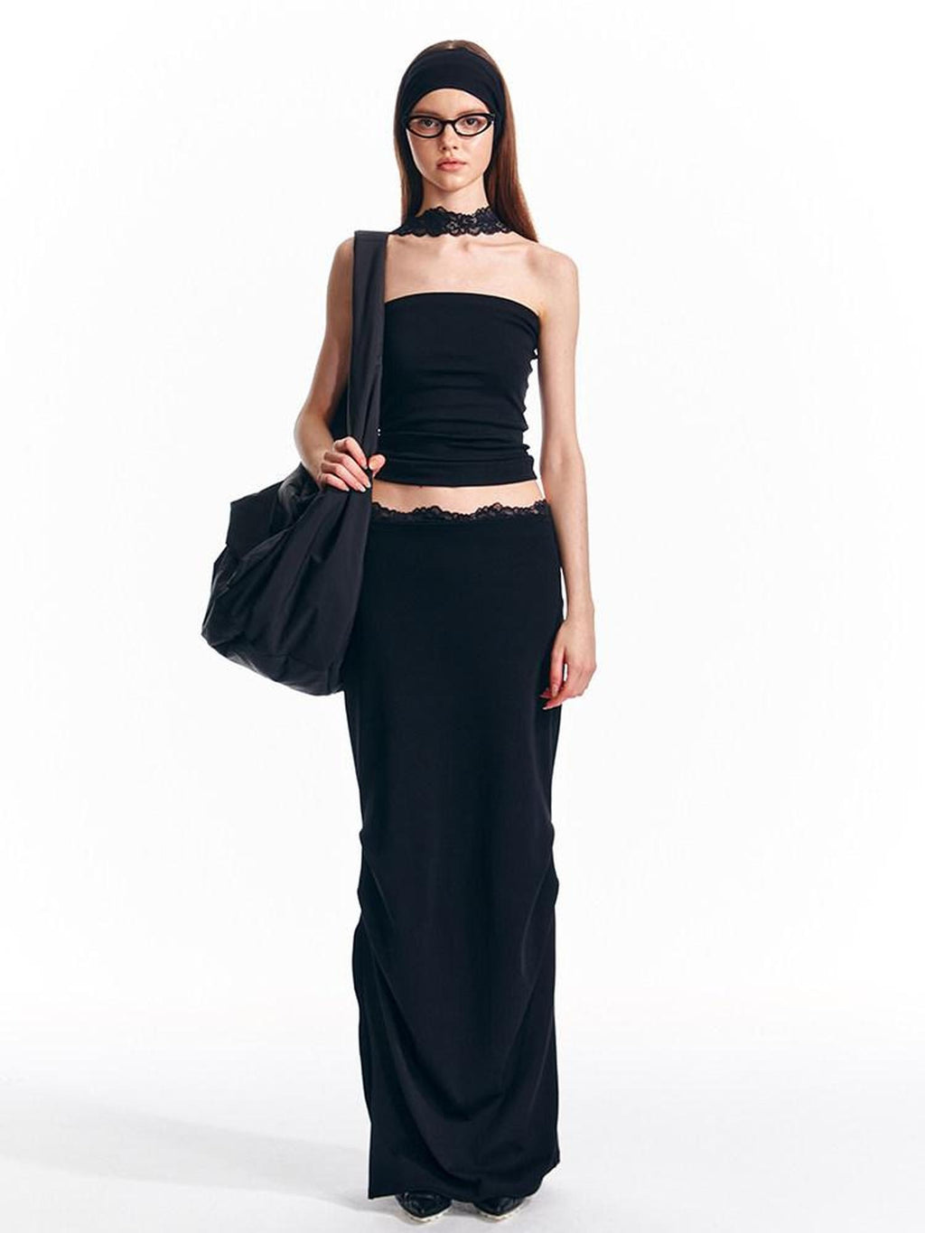 ALINNVSTUDIO Lace Knit Mid Waist Bodycon Slim Fit Youthful Black Grey Maxi Skirts