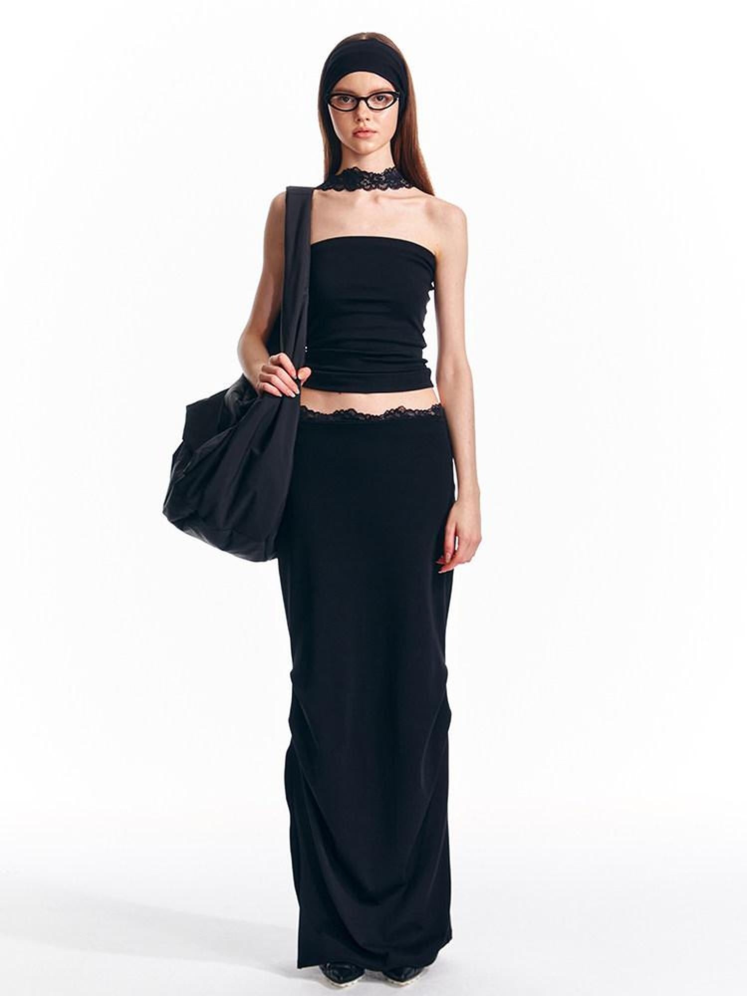 ALINNVSTUDIO Lace Knit Mid Waist Bodycon Slim Fit Youthful Black Grey Maxi Skirts
