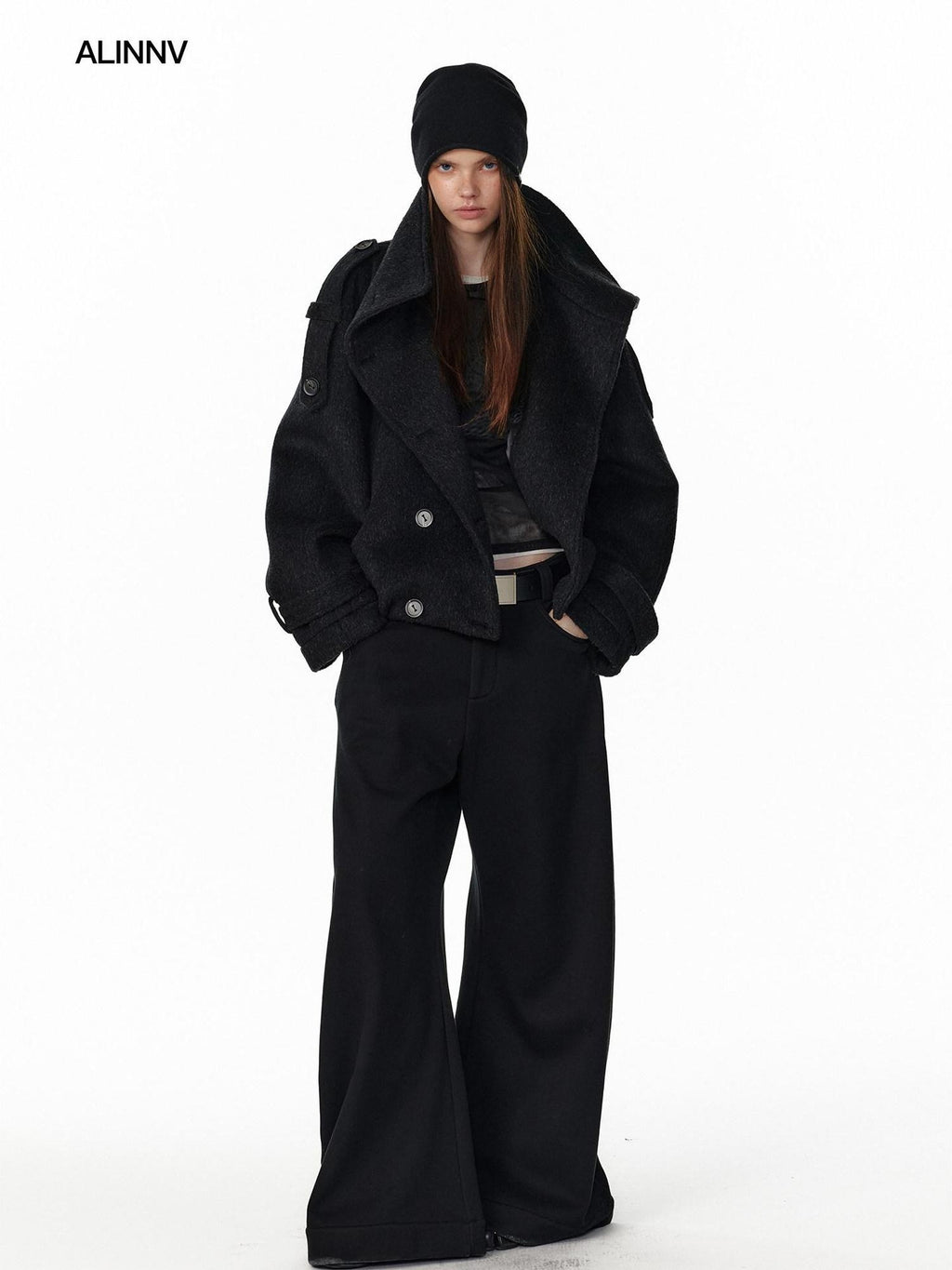 ALINNVSTUDIO Double Breasted Short Loose Lapel Commuter Women Thick Black Gray Wool Coats