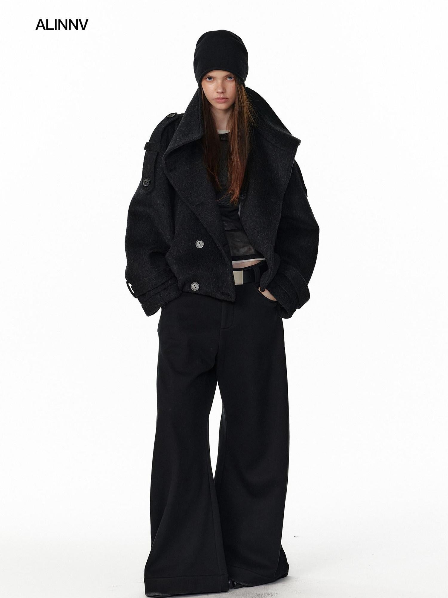 ALINNVSTUDIO Double Breasted Short Loose Lapel Commuter Women Thick Black Gray Wool Coats