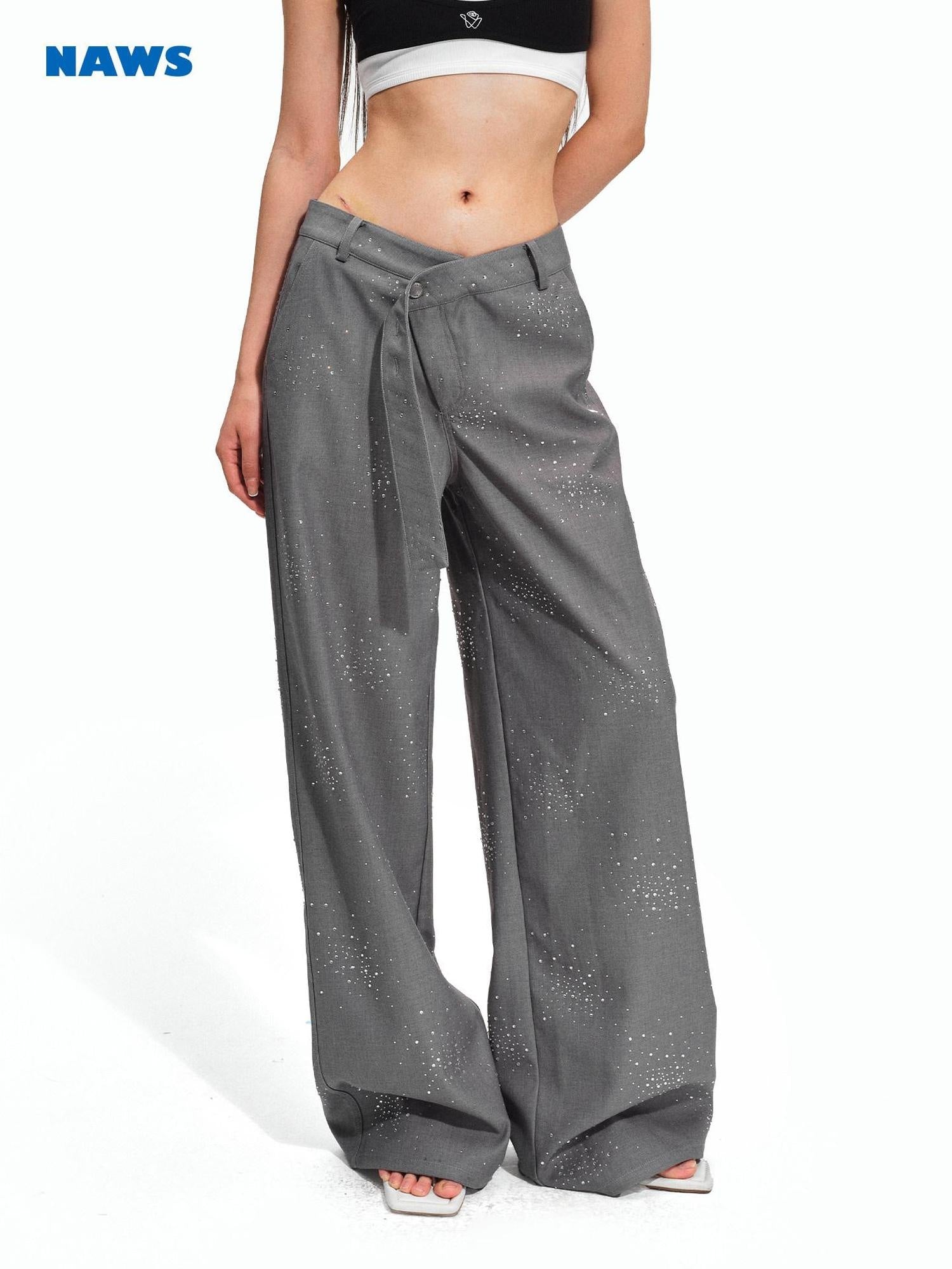 NAWSNOTAWEAR Rhinestone Low Rise Relaxed Women Button Closure Mist Gray Wide Leg Pants