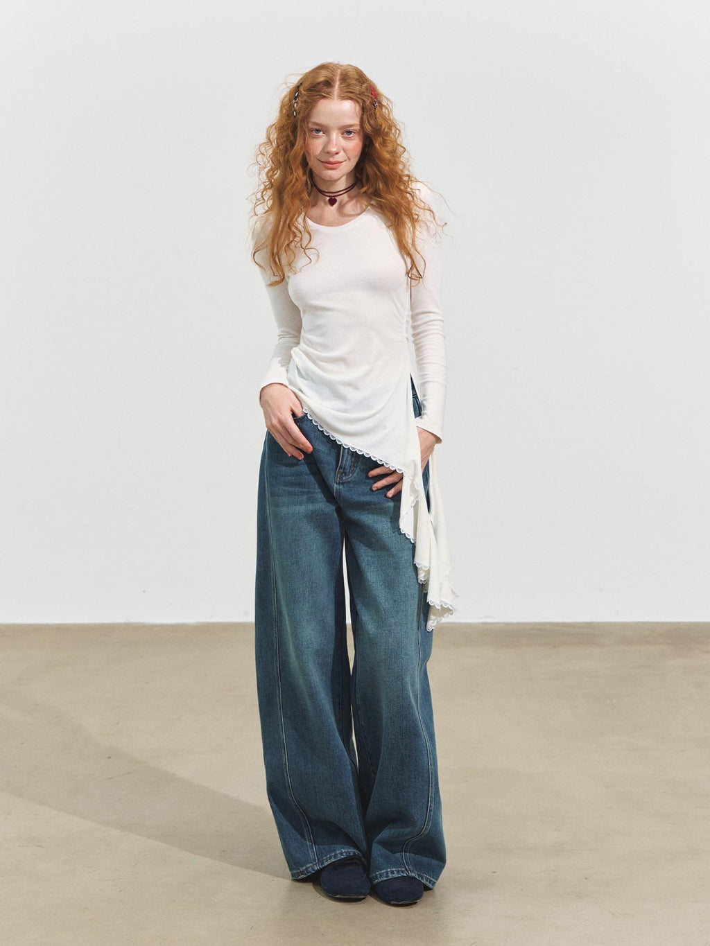 SOMESOWE Viscose Shirred Casual Loose Womens Round Neck White Long Sleeve T-Shirts