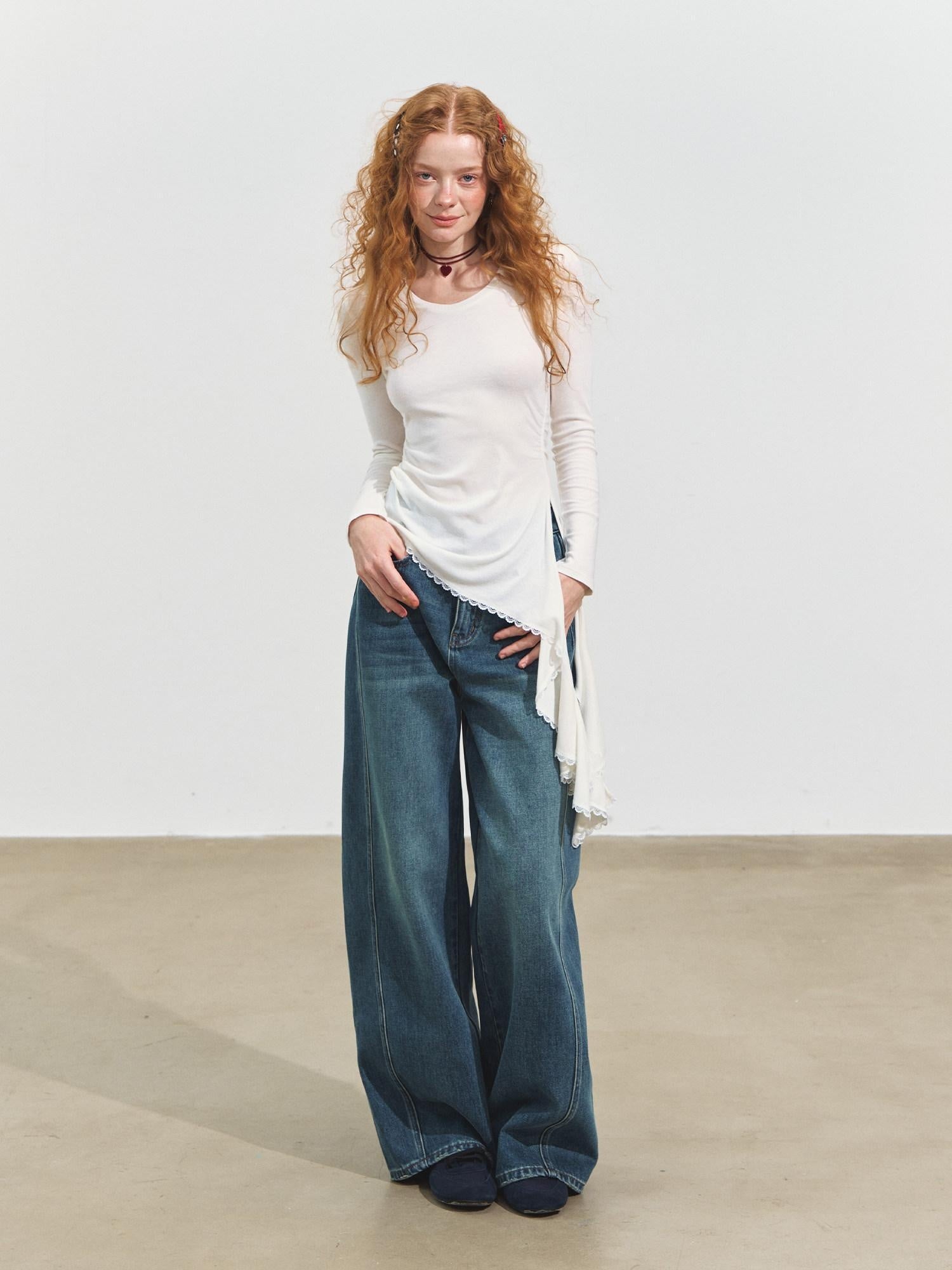 SOMESOWE Viscose Shirred Casual Loose Womens Round Neck White Long Sleeve T-Shirts