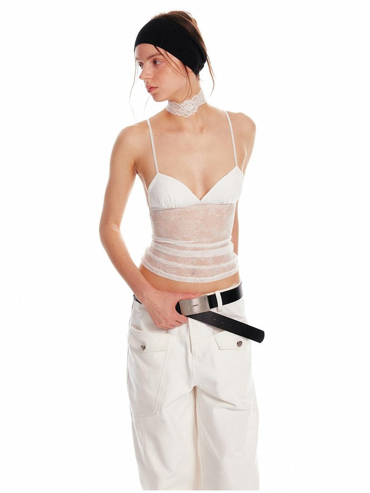 ALINNVSTUDIO Lace Slim Fit Spaghetti Strap Short Solid Color Women Camisoles