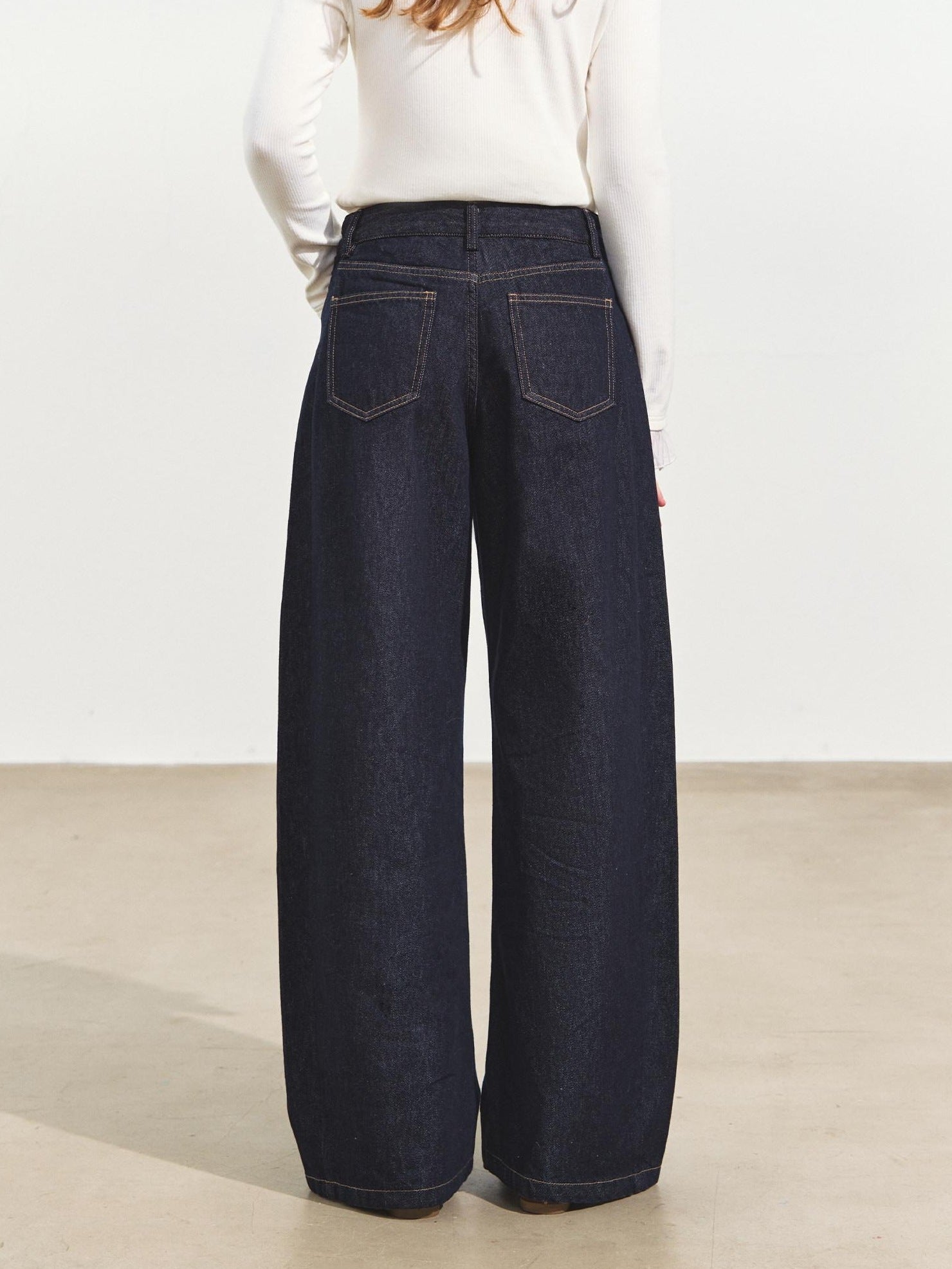 SOMESOWE Pleated Casual Natural Waist Loose Cotton Pocket Zip Blue Women Wide Leg Jeans